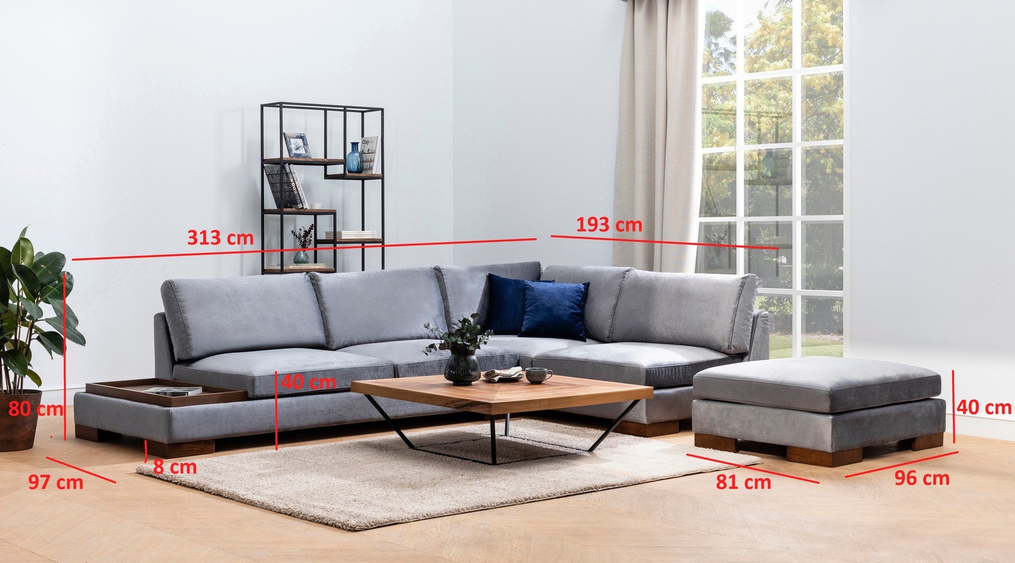 Sofá de canto elegante com pufe, cinza escuro, 313 x 193 cm | Estrutura de madeira de faia, 100% poliéster, almofadas de espuma macia, pernas de nogueira | Perfeito para espaços modernos