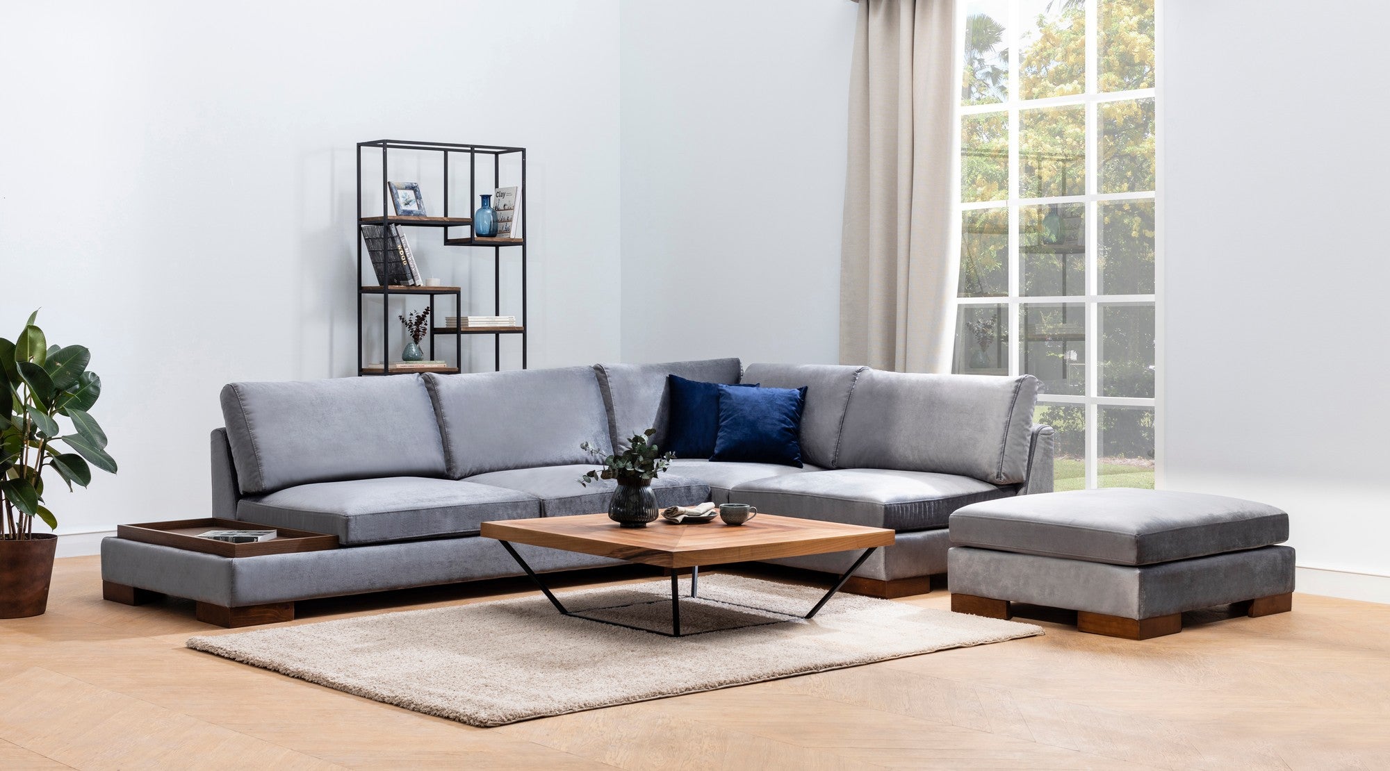 Sofá de canto elegante com pufe, cinza escuro, 313 x 193 cm | Estrutura de madeira de faia, 100% poliéster, almofadas de espuma macia, pernas de nogueira | Perfeito para espaços modernos