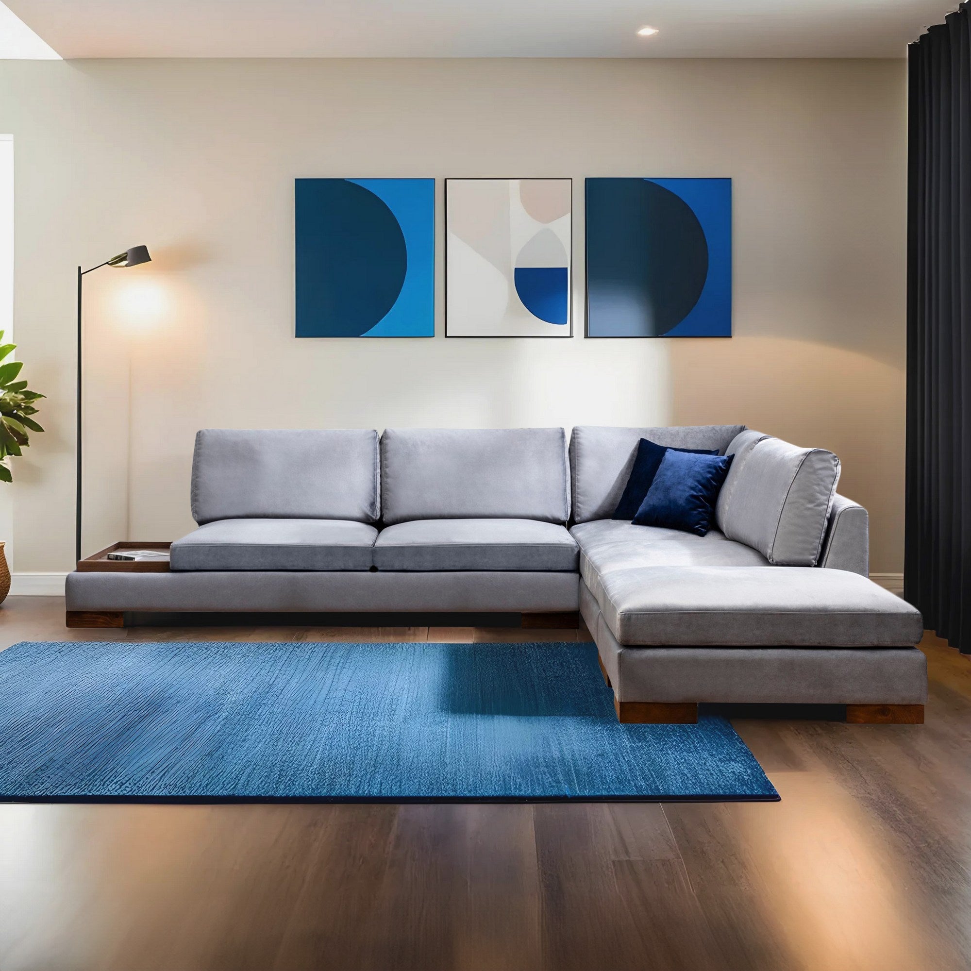 Sofá de canto elegante com pufe, cinza escuro, 313 x 193 cm | Estrutura de madeira de faia, 100% poliéster, almofadas de espuma macia, pernas de nogueira | Perfeito para espaços modernos