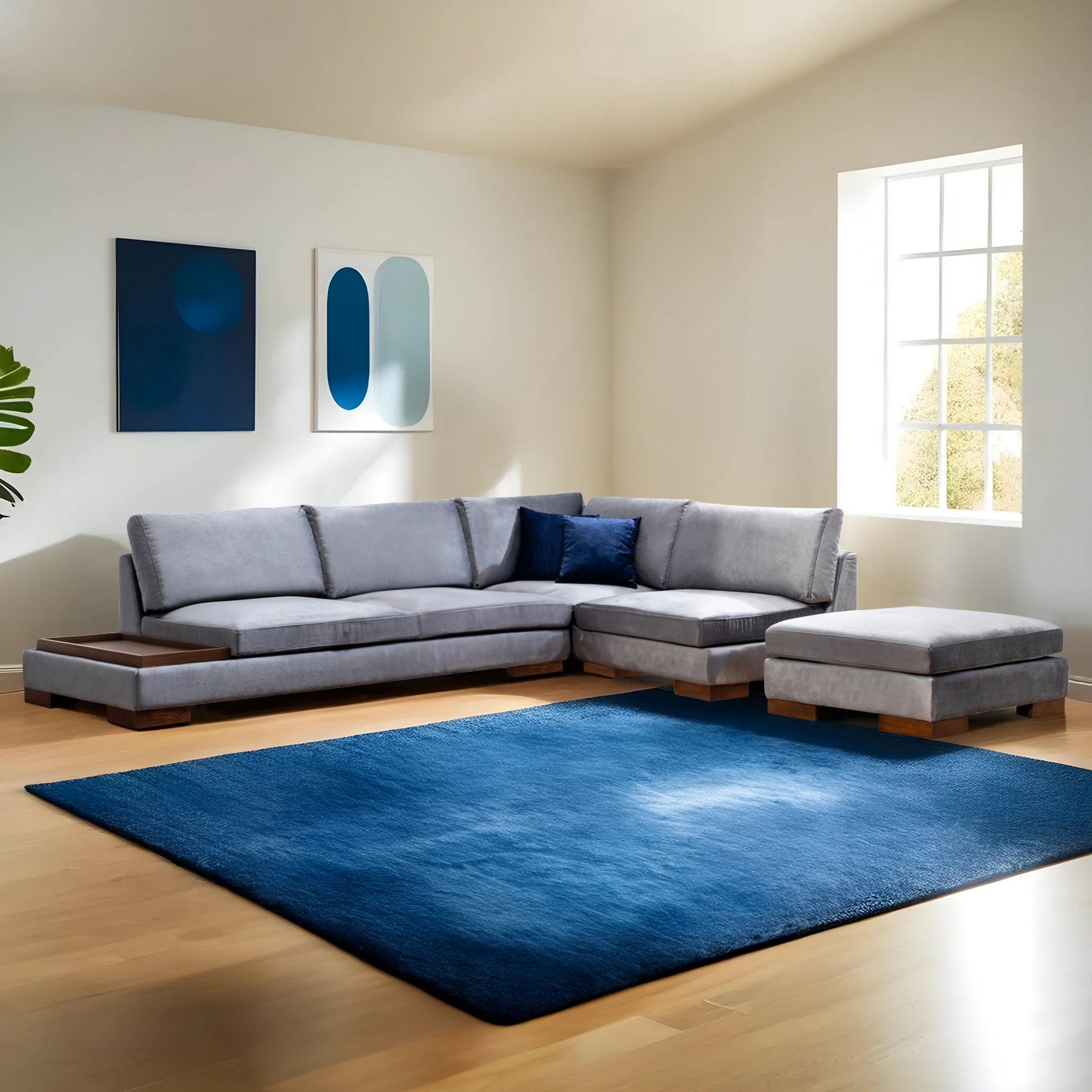 Sofá de canto elegante com pufe, cinza escuro, 313 x 193 cm | Estrutura de madeira de faia, 100% poliéster, almofadas de espuma macia, pernas de nogueira | Perfeito para espaços modernos