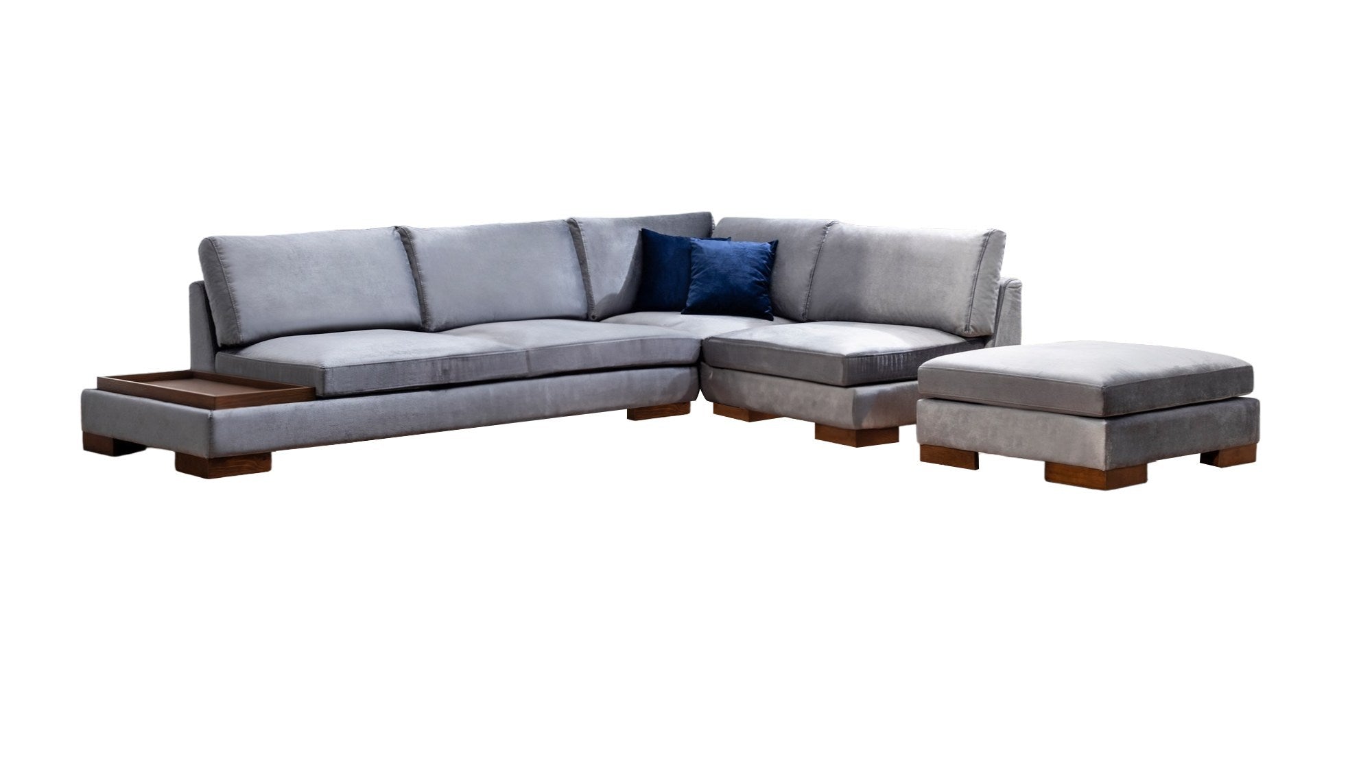 Sofá de canto elegante com pufe, cinza escuro, 313 x 193 cm | Estrutura de madeira de faia, 100% poliéster, almofadas de espuma macia, pernas de nogueira | Perfeito para espaços modernos