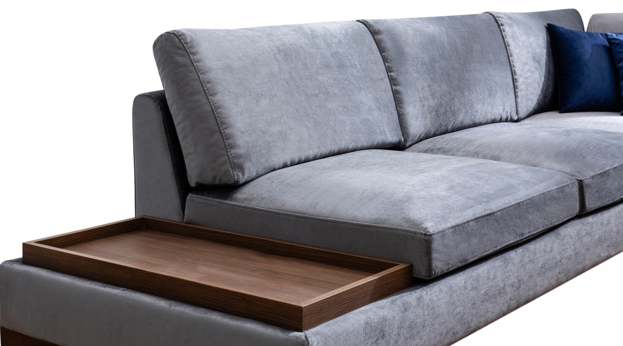 Sofá de canto elegante com pufe, cinza escuro, 313 x 193 cm | Estrutura de madeira de faia, 100% poliéster, almofadas de espuma macia, pernas de nogueira | Perfeito para espaços modernos