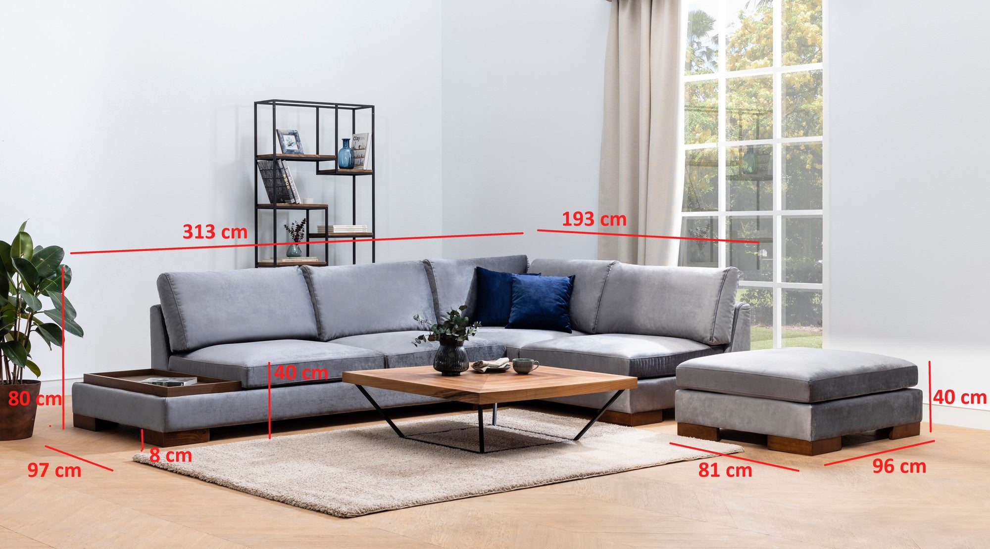 Sofá de canto elegante, cinza escuro, 313 x 193 x 80 cm | Estrutura em madeira de faia, 100% poliéster, almofadas de espuma macia, pernas de nogueira | Perfeito para espaços modernos