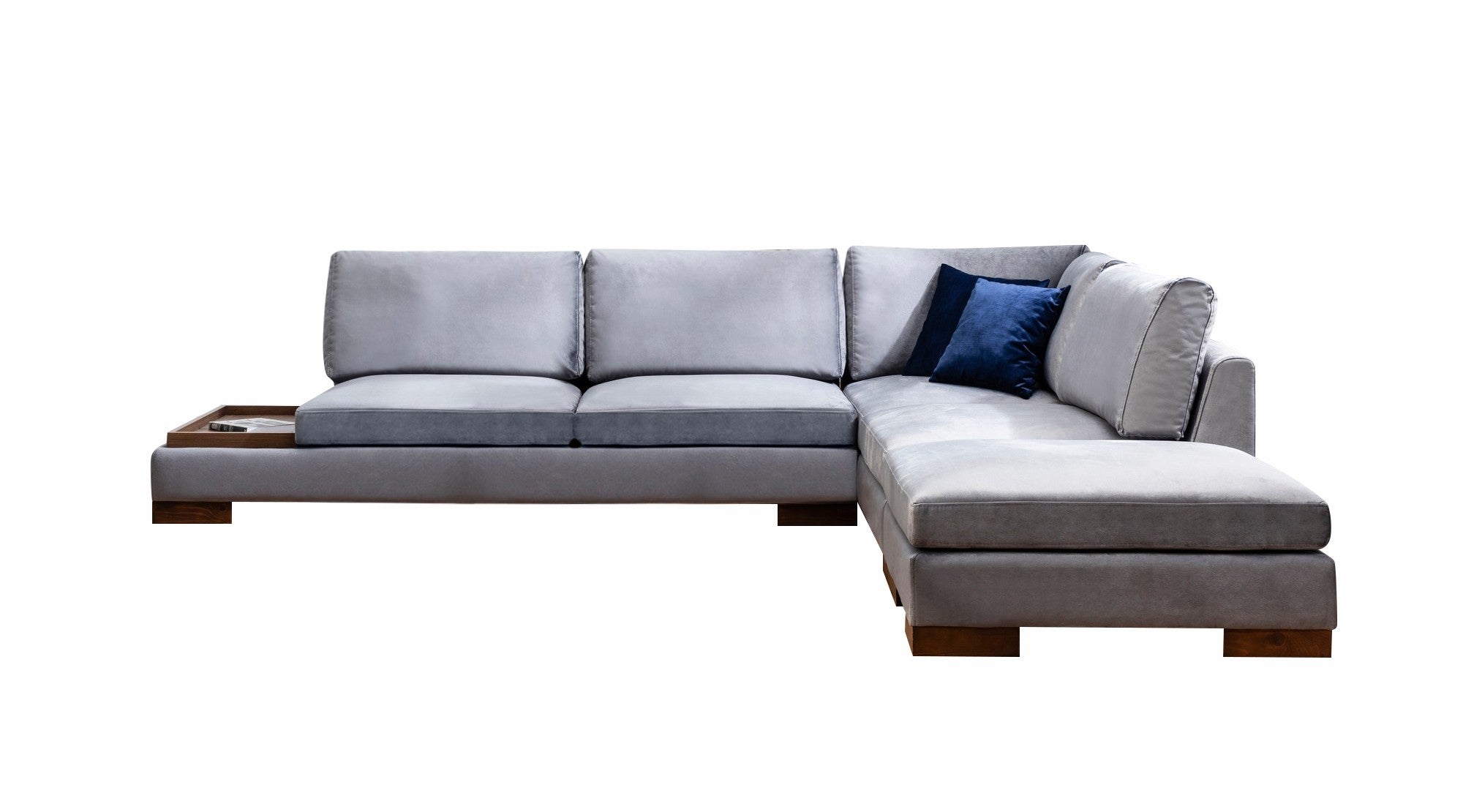 Sofá de canto elegante, cinza escuro, 313 x 193 x 80 cm | Estrutura em madeira de faia, 100% poliéster, almofadas de espuma macia, pernas de nogueira | Perfeito para espaços modernos