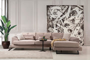 Sofá de canto bege com encosto ajustável, estrutura de madeira de faia e tecido 100% poliéster, 308 x 190 cm | Inclui 5 almofadas, design industrial moderno