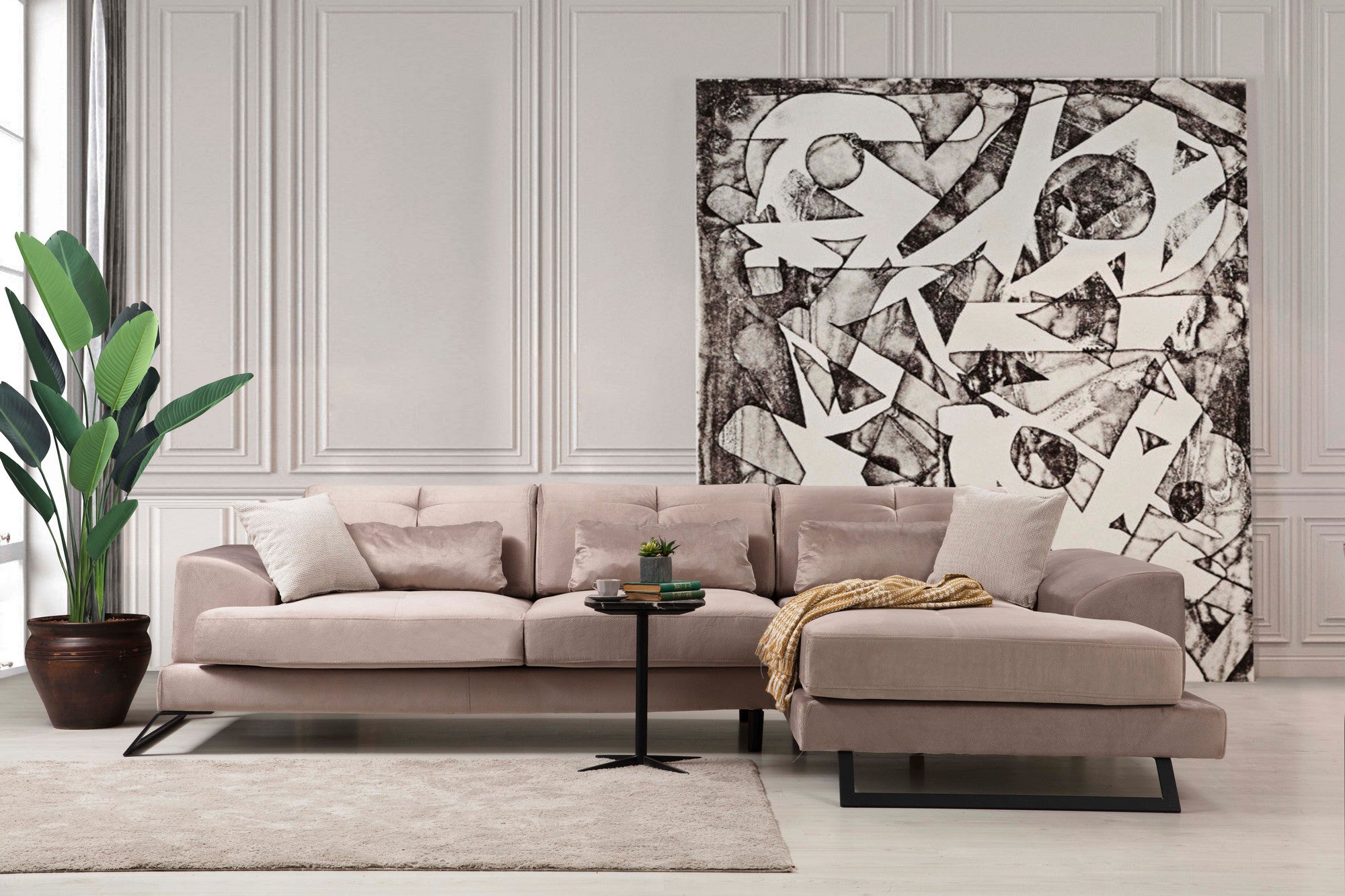 Sofá de canto bege com encosto ajustável, estrutura de madeira de faia e tecido 100% poliéster, 308 x 190 cm | Inclui 5 almofadas, design industrial moderno