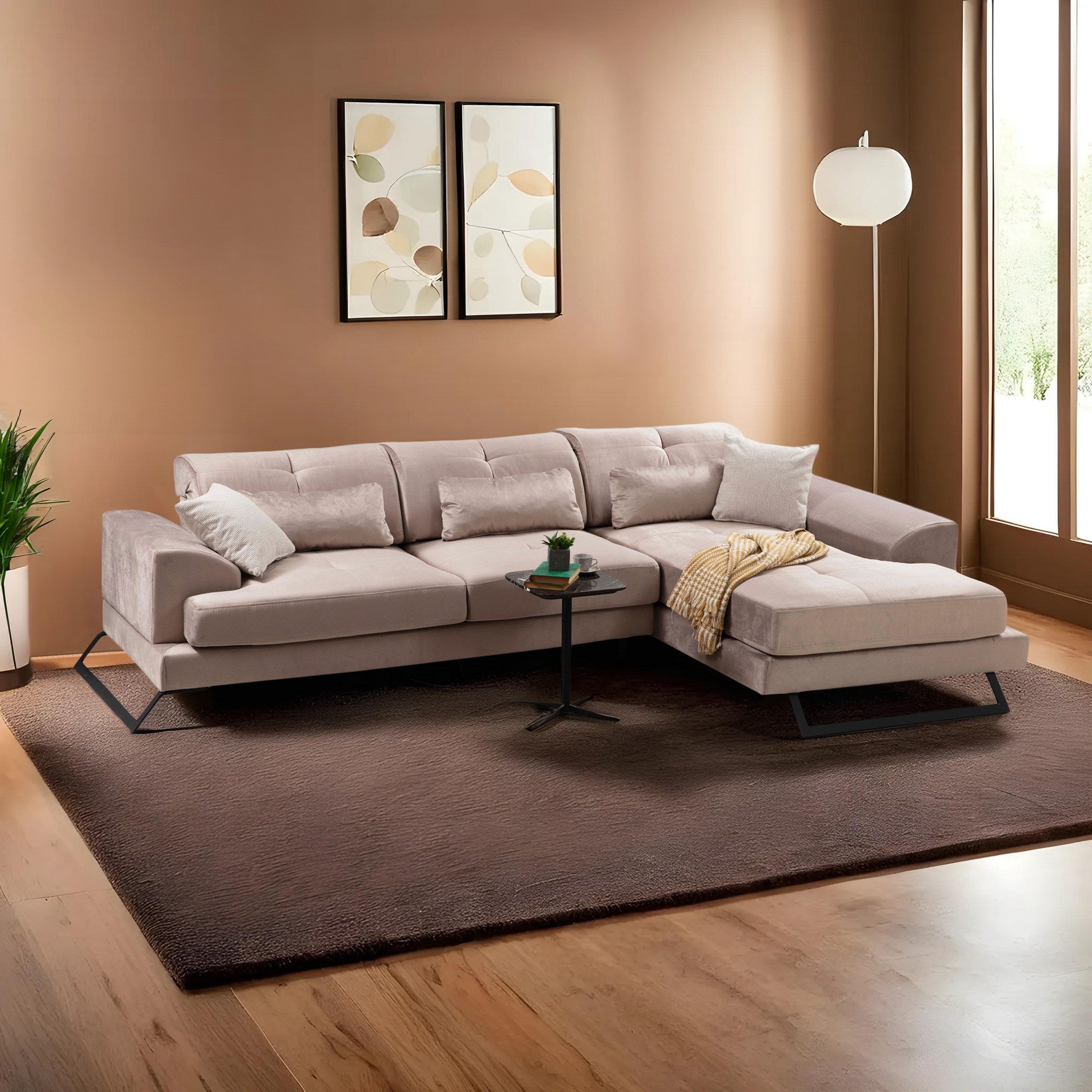 Sofá de canto bege com encosto ajustável, estrutura de madeira de faia e tecido 100% poliéster, 308 x 190 cm | Inclui 5 almofadas, design industrial moderno