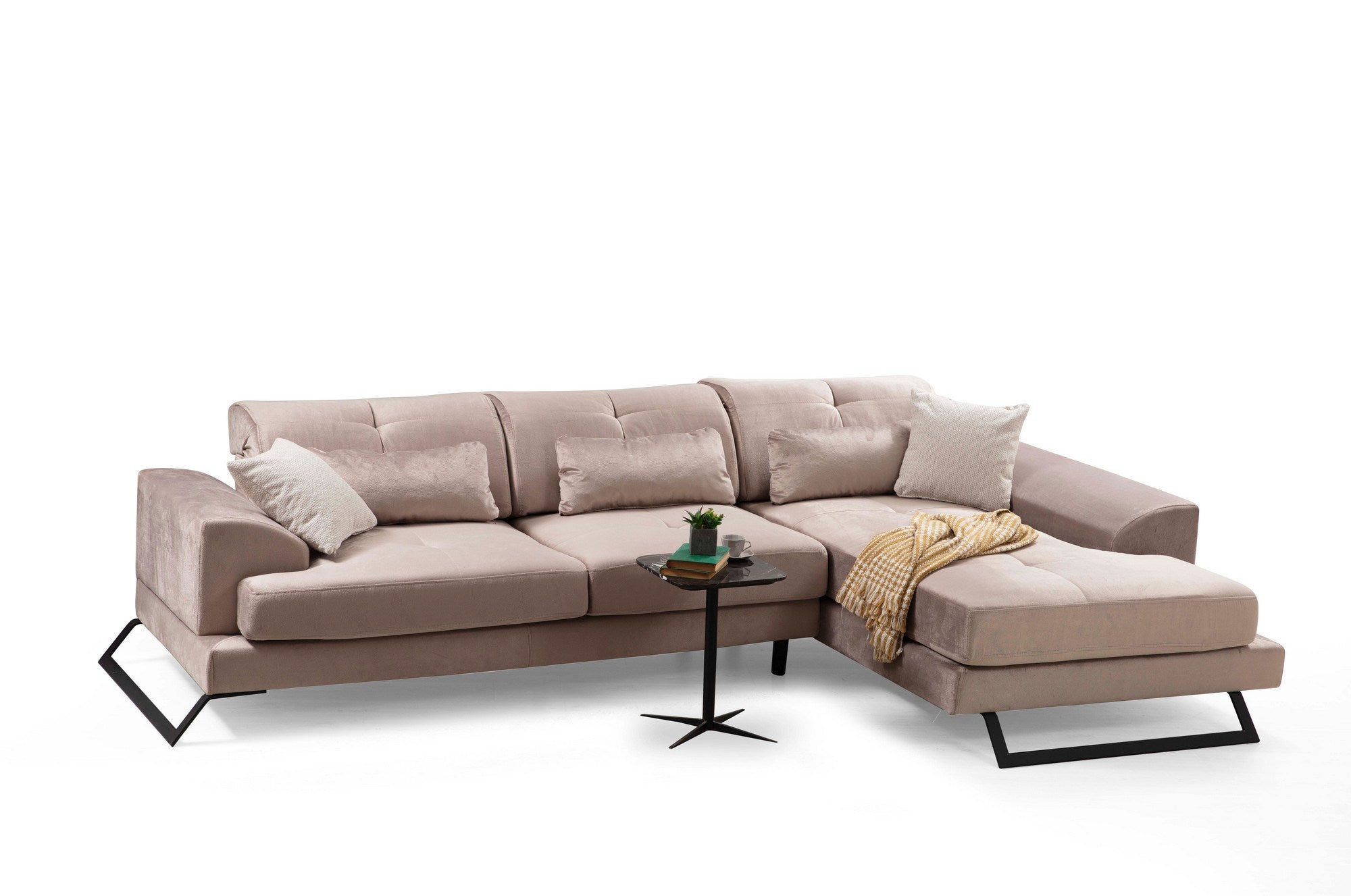 Sofá de canto bege com encosto ajustável, estrutura de madeira de faia e tecido 100% poliéster, 308 x 190 cm | Inclui 5 almofadas, design industrial moderno