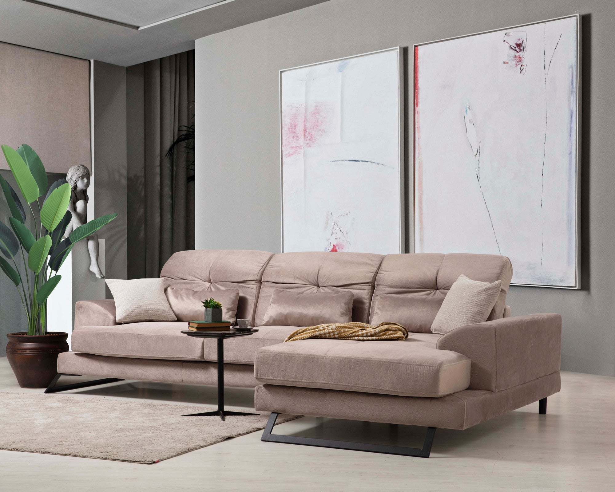 Sofá de canto bege com encosto ajustável, estrutura de madeira de faia e tecido 100% poliéster, 308 x 190 cm | Inclui 5 almofadas, design industrial moderno