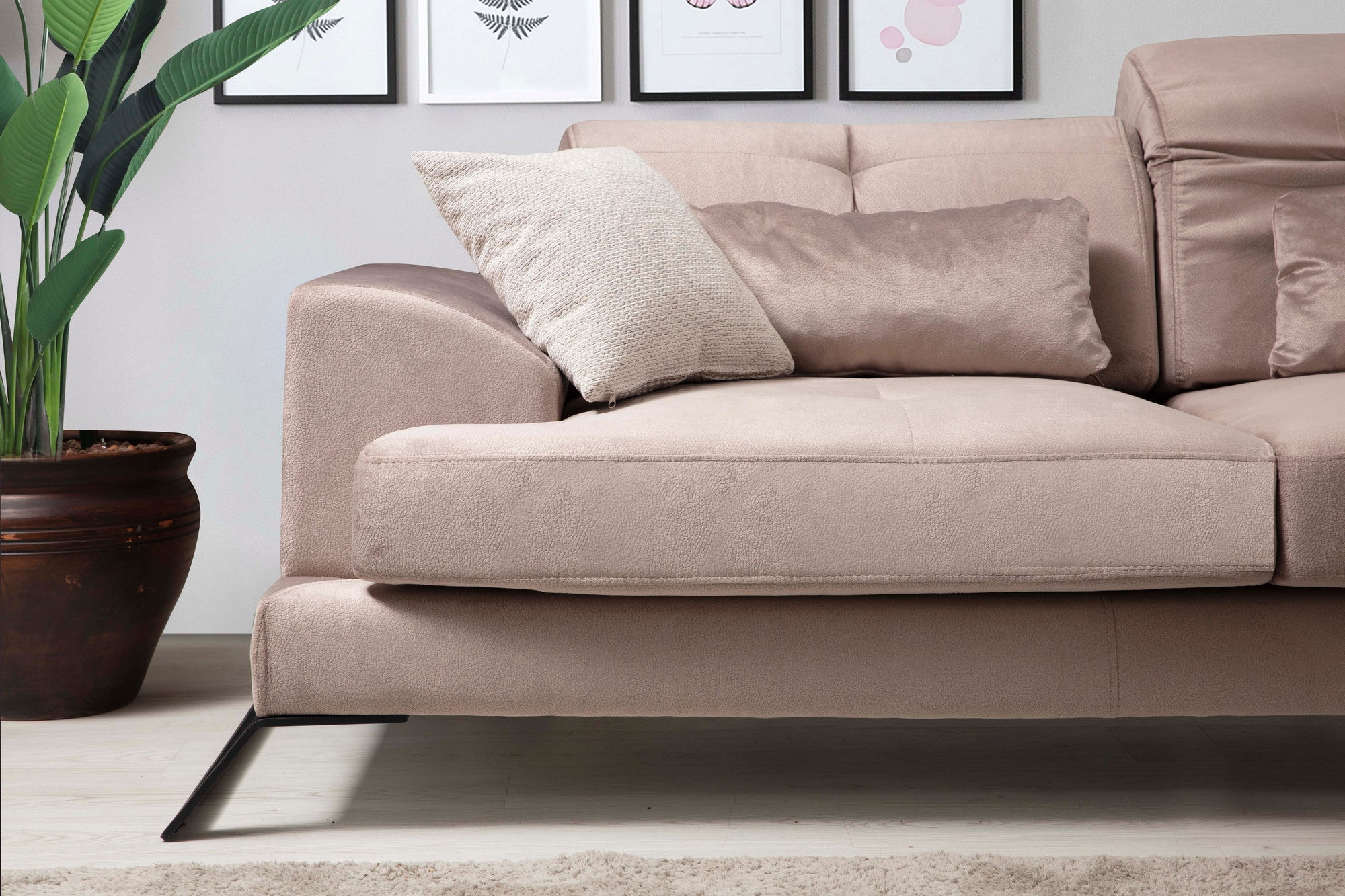 Sofá de canto bege com encosto ajustável, estrutura de madeira de faia e tecido 100% poliéster, 308 x 190 cm | Inclui 5 almofadas, design industrial moderno