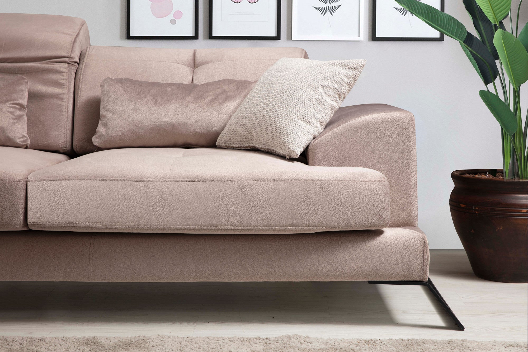 Sofá de canto bege com encosto ajustável, estrutura de madeira de faia e tecido 100% poliéster, 308 x 190 cm | Inclui 5 almofadas, design industrial moderno