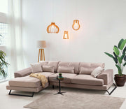 Sofá de canto bege com encosto ajustável, estrutura de madeira de faia, 190 x 308 cm | 100% poliéster, 5 almofadas incluídas, design industrial moderno, fácil de cuidar