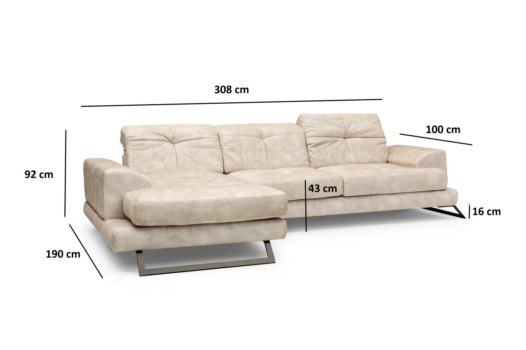 Sofá de canto bege com encosto ajustável, estrutura de madeira de faia, 190 x 308 cm | 100% poliéster, 5 almofadas incluídas, design industrial moderno, fácil de cuidar