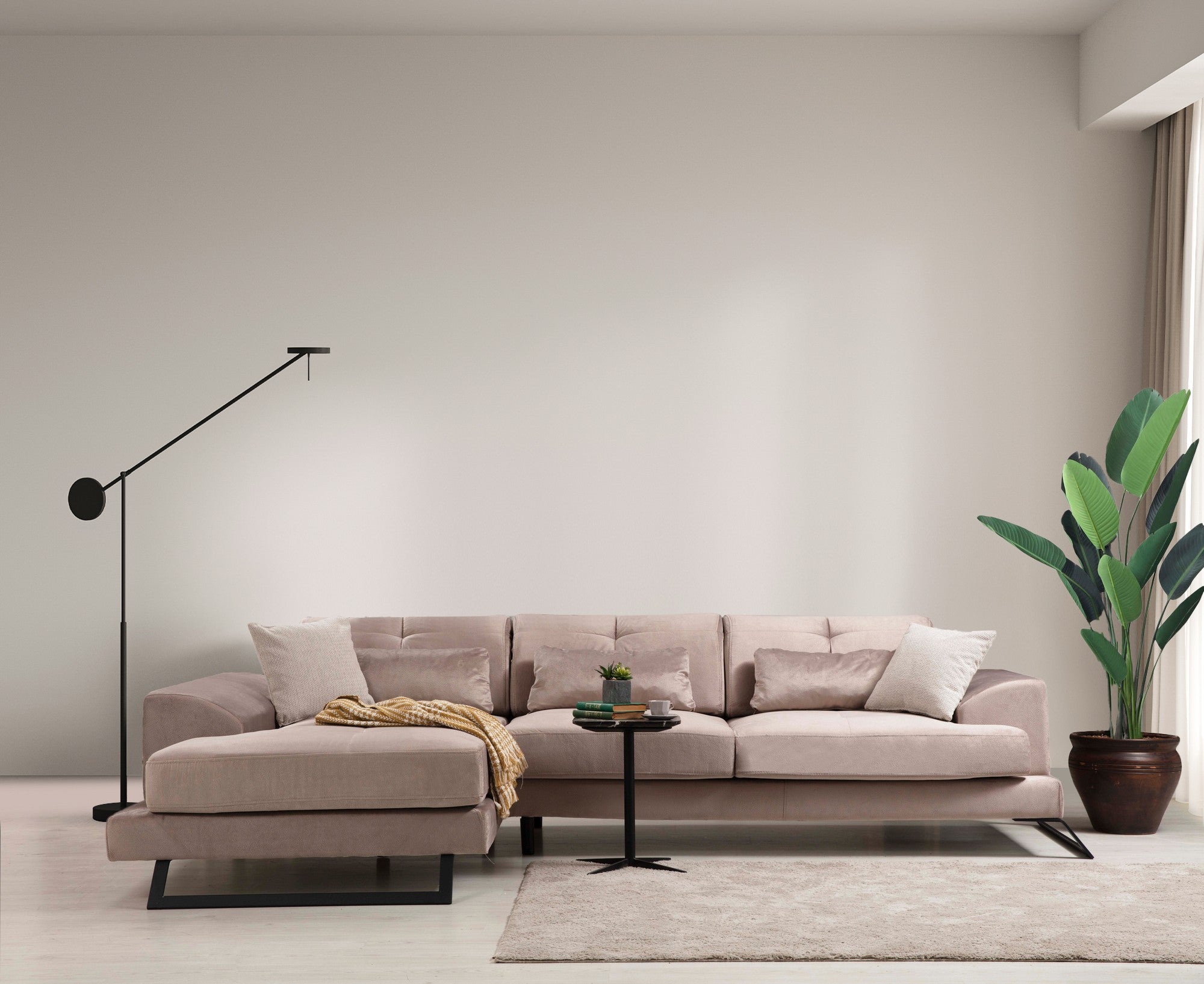 Sofá de canto bege com encosto ajustável, estrutura de madeira de faia, 190 x 308 cm | 100% poliéster, 5 almofadas incluídas, design industrial moderno, fácil de cuidar