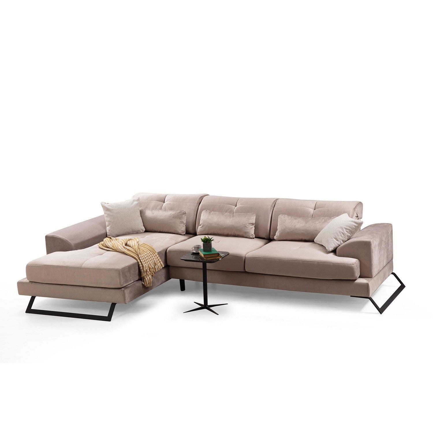 Sofá de canto bege com encosto ajustável, estrutura de madeira de faia, 190 x 308 cm | 100% poliéster, 5 almofadas incluídas, design industrial moderno, fácil de cuidar