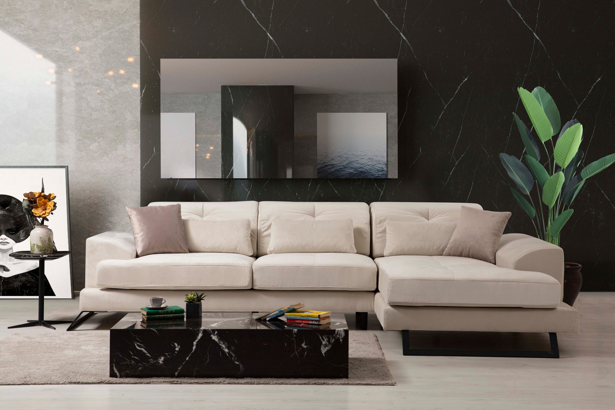 Sofá de canto elegante, cru, 190 x 304 cm | Estrutura em madeira de faia e aglomerado, 100% poliéster, encosto ajustável, 5 almofadas incluídas | Design industrial moderno