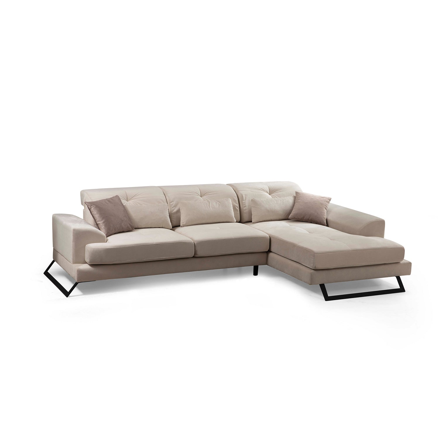 Sofá de canto elegante, cru, 190 x 304 cm | Estrutura em madeira de faia e aglomerado, 100% poliéster, encosto ajustável, 5 almofadas incluídas | Design industrial moderno
