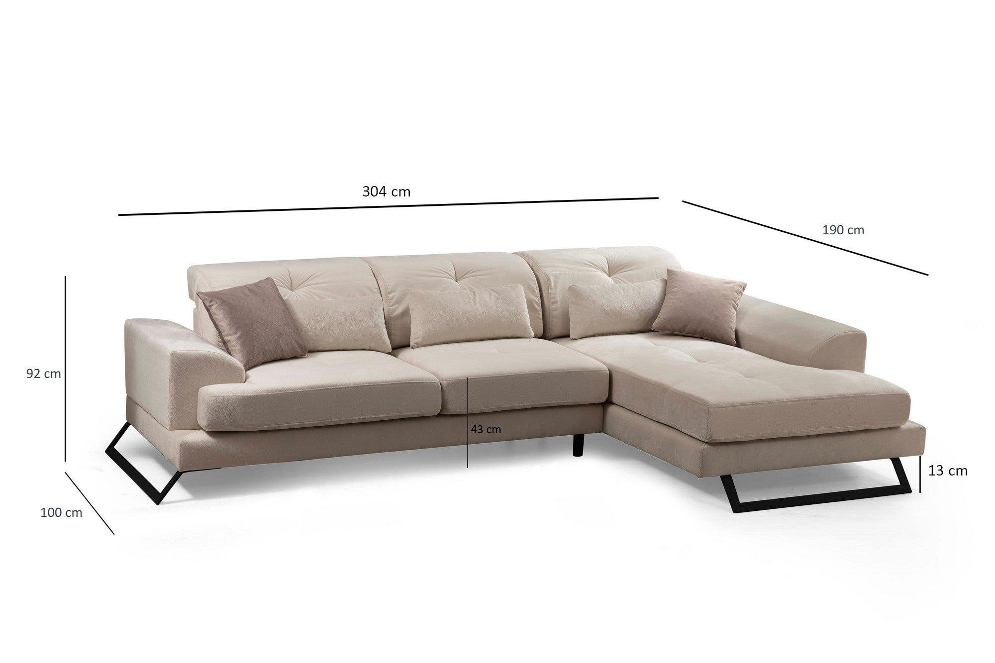Sofá de canto elegante, cru, 190 x 304 cm | Estrutura em madeira de faia e aglomerado, 100% poliéster, encosto ajustável, 5 almofadas incluídas | Design industrial moderno