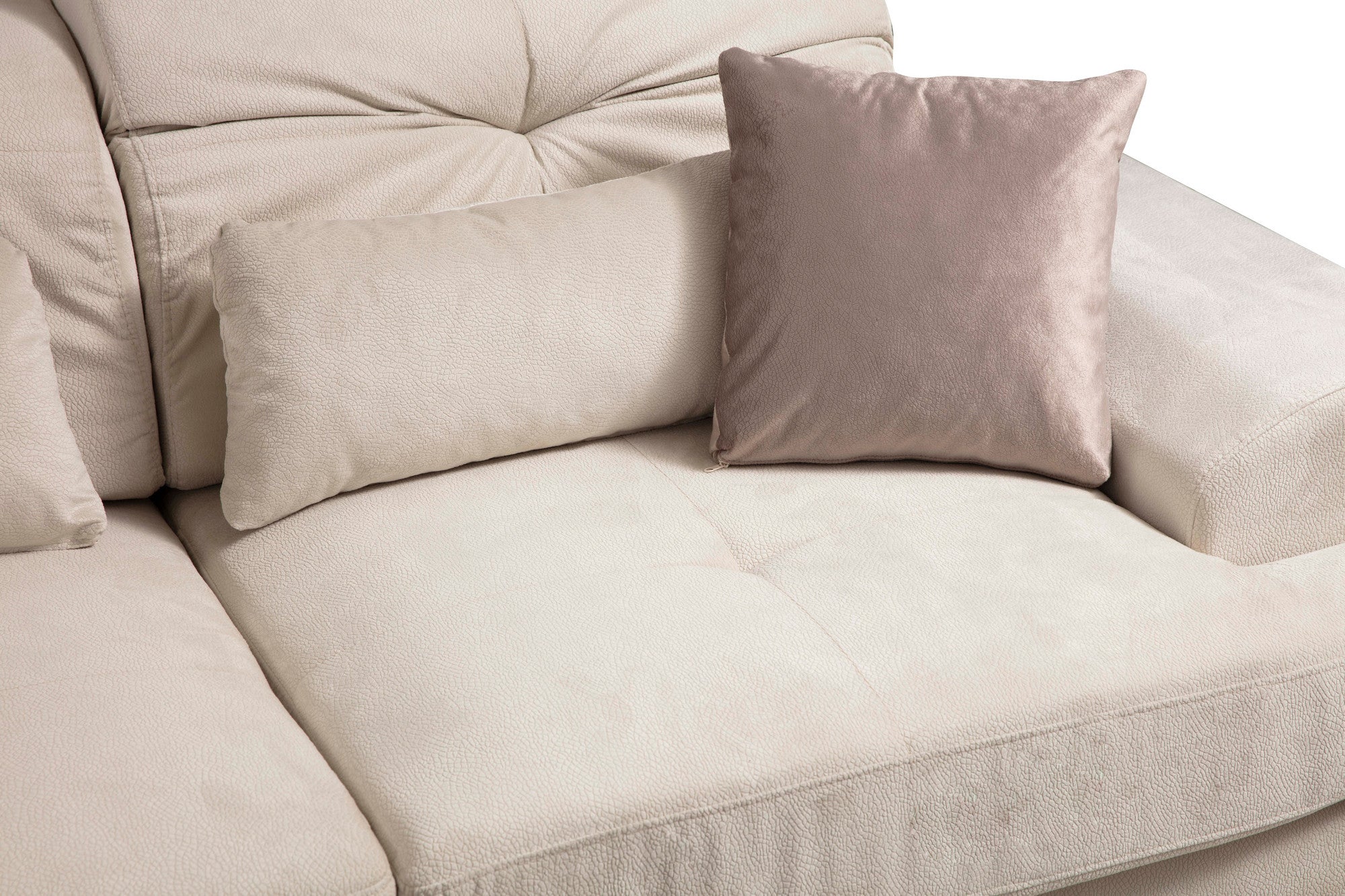 Sofá de canto elegante, cru, 190 x 304 cm | Estrutura em madeira de faia e aglomerado, 100% poliéster, encosto ajustável, 5 almofadas incluídas | Design industrial moderno