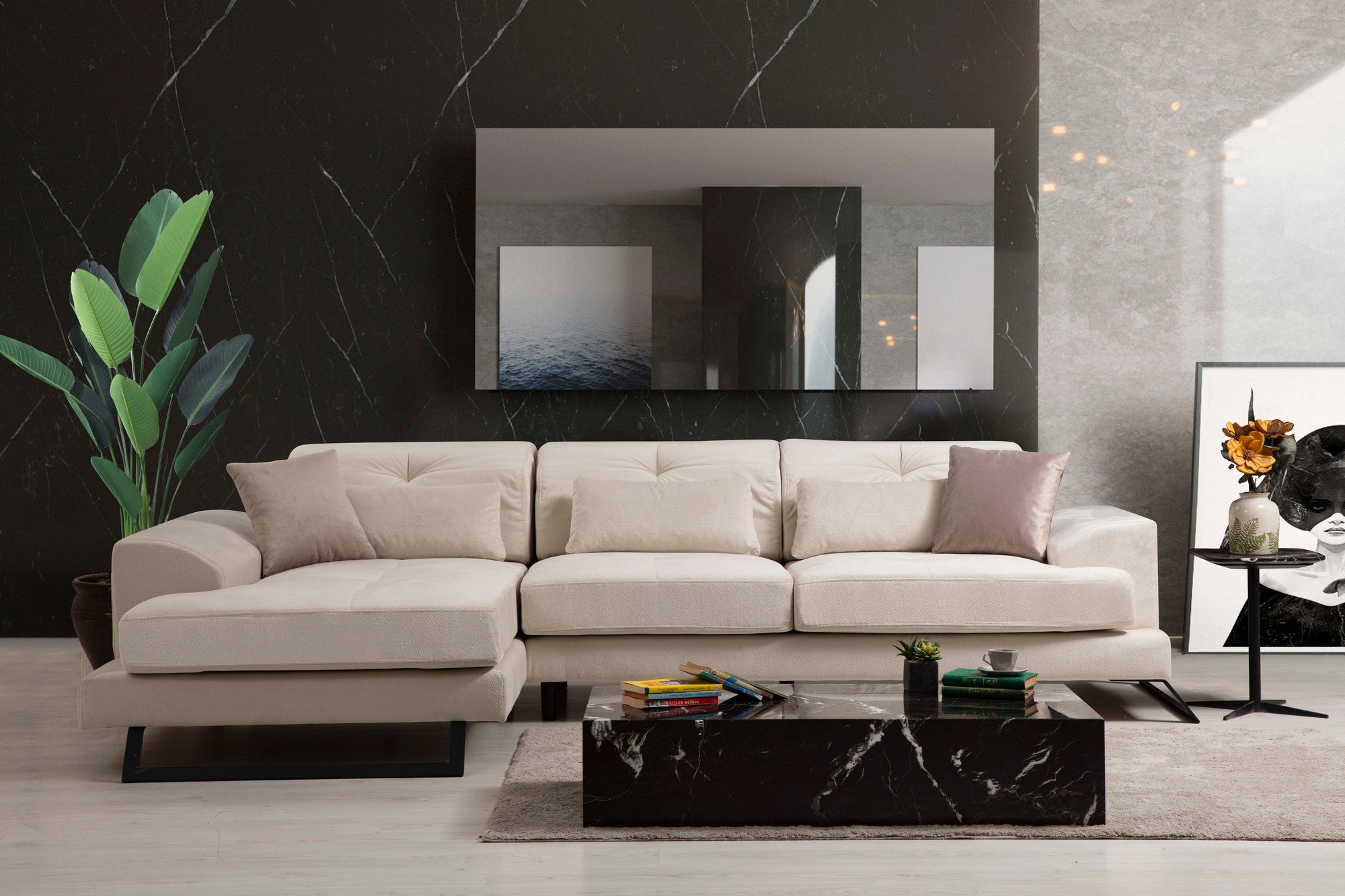 Sofá de canto elegante, cru, 304 x 190 x 92 cm | Estrutura em madeira de faia e aglomerado, encosto ajustável, 5 almofadas incluídas | Design industrial moderno