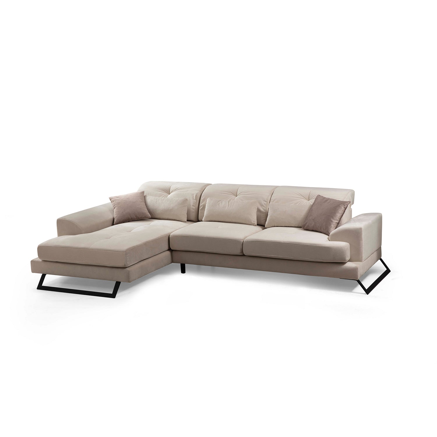 Sofá de canto elegante, cru, 304 x 190 x 92 cm | Estrutura em madeira de faia e aglomerado, encosto ajustável, 5 almofadas incluídas | Design industrial moderno