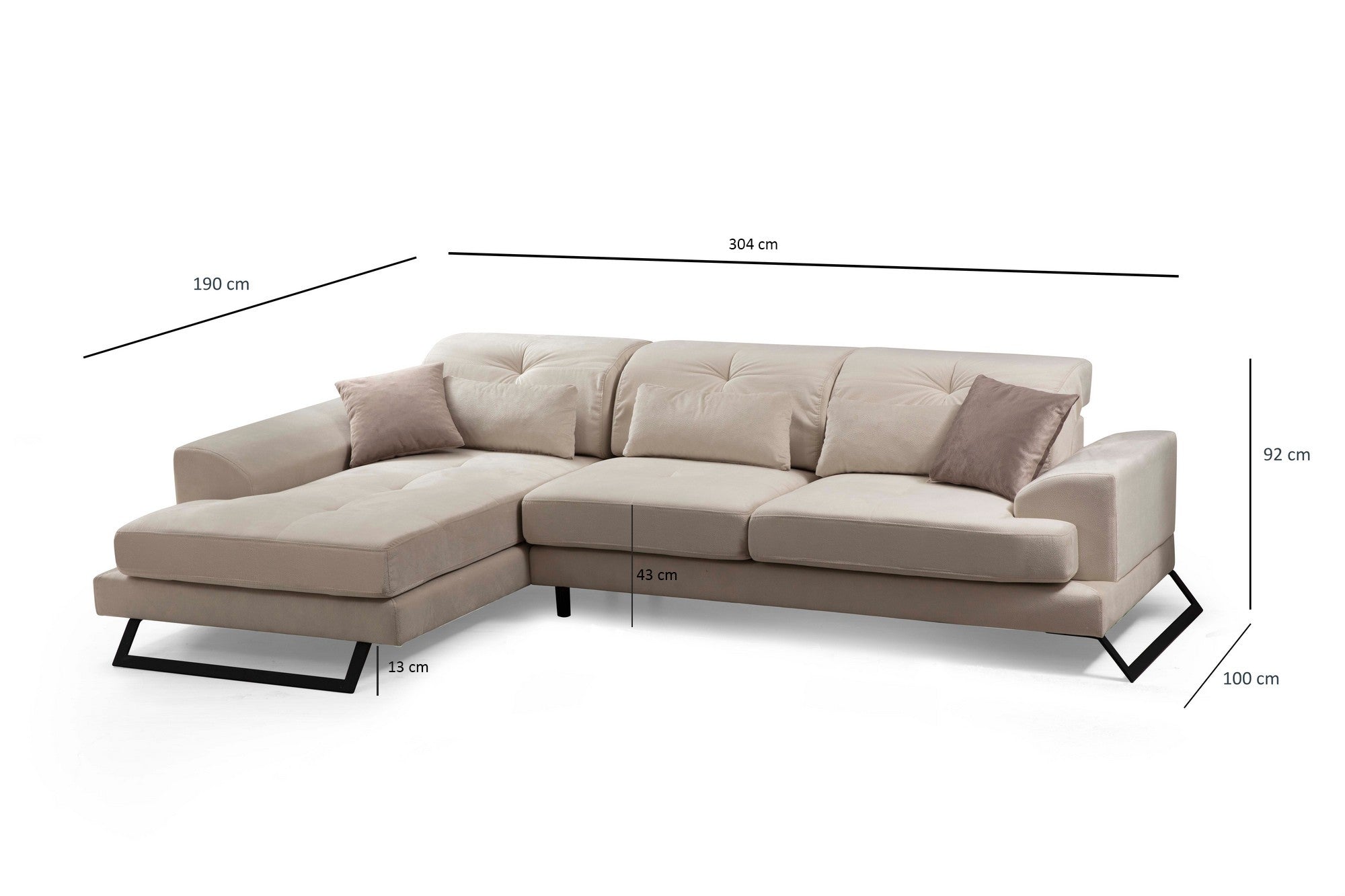 Sofá de canto elegante, cru, 304 x 190 x 92 cm | Estrutura em madeira de faia e aglomerado, encosto ajustável, 5 almofadas incluídas | Design industrial moderno