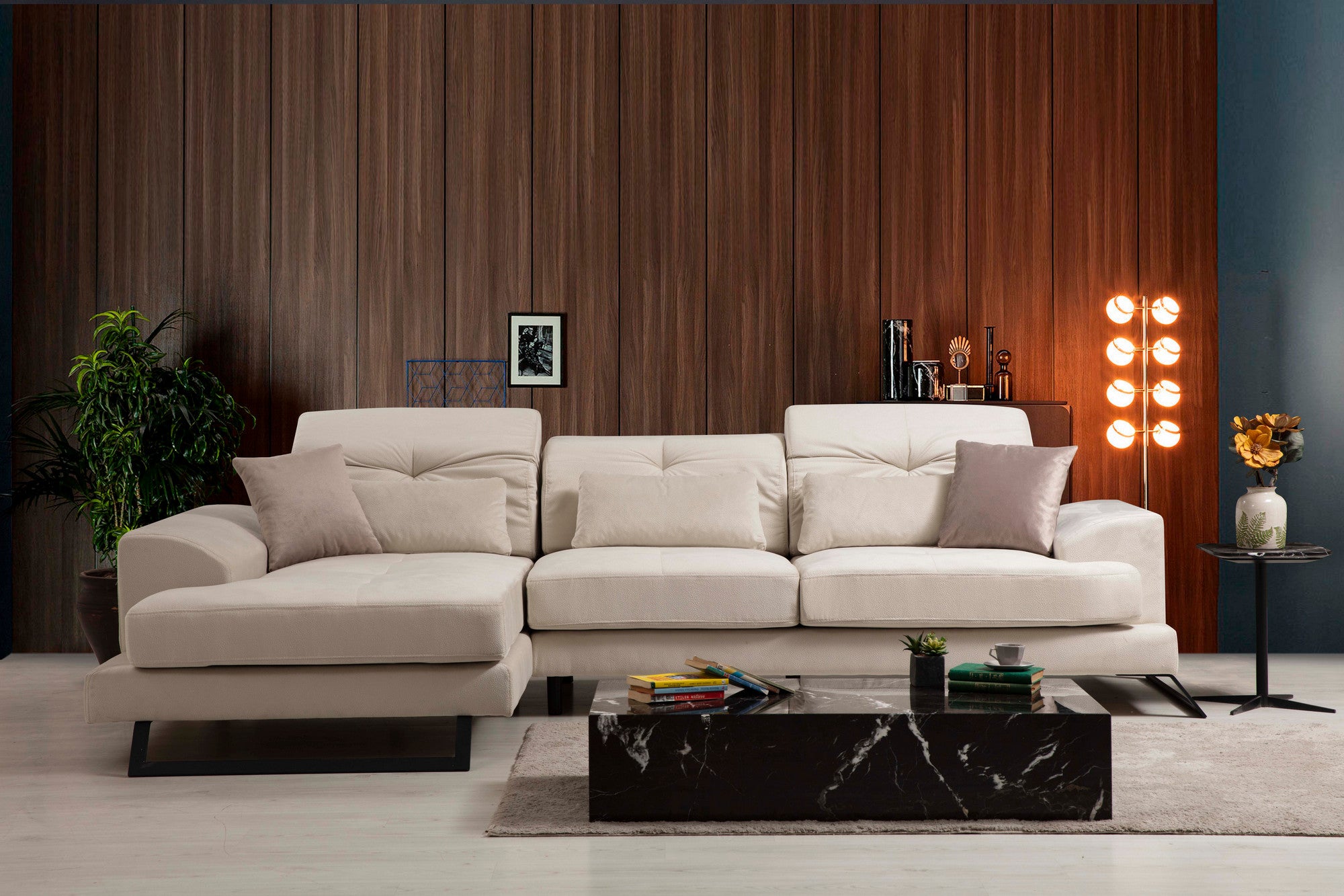 Sofá de canto elegante, cru, 304 x 190 x 92 cm | Estrutura em madeira de faia e aglomerado, encosto ajustável, 5 almofadas incluídas | Design industrial moderno