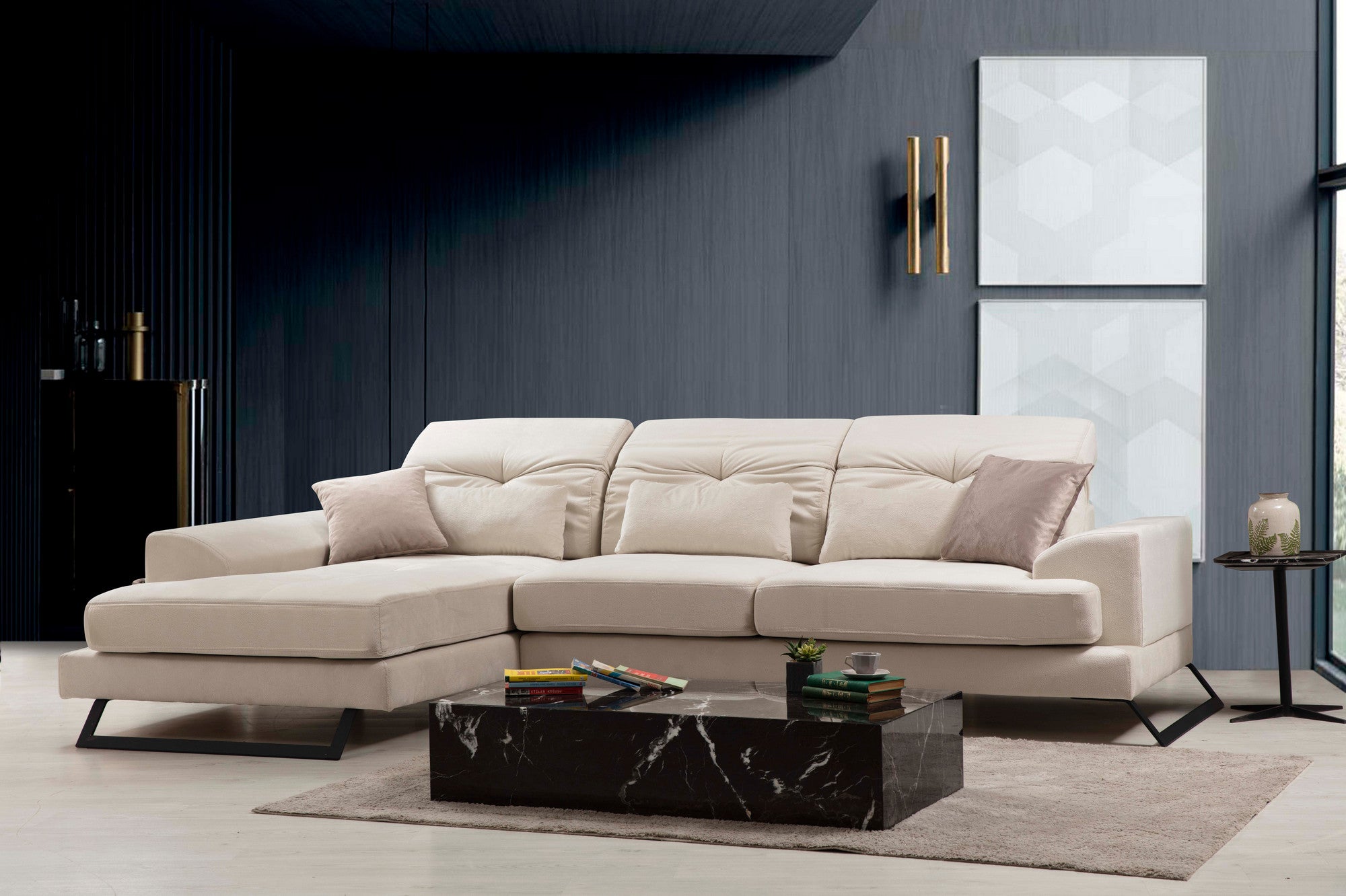 Sofá de canto elegante, cru, 304 x 190 x 92 cm | Estrutura em madeira de faia e aglomerado, encosto ajustável, 5 almofadas incluídas | Design industrial moderno
