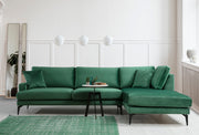 Sofá de canto elegante, verde, 283 x 180 cm | Estrutura em madeira de faia e aglomerado, 100% poliéster, almofadas de espuma macia | Design industrial moderno com pernas em preto fosco