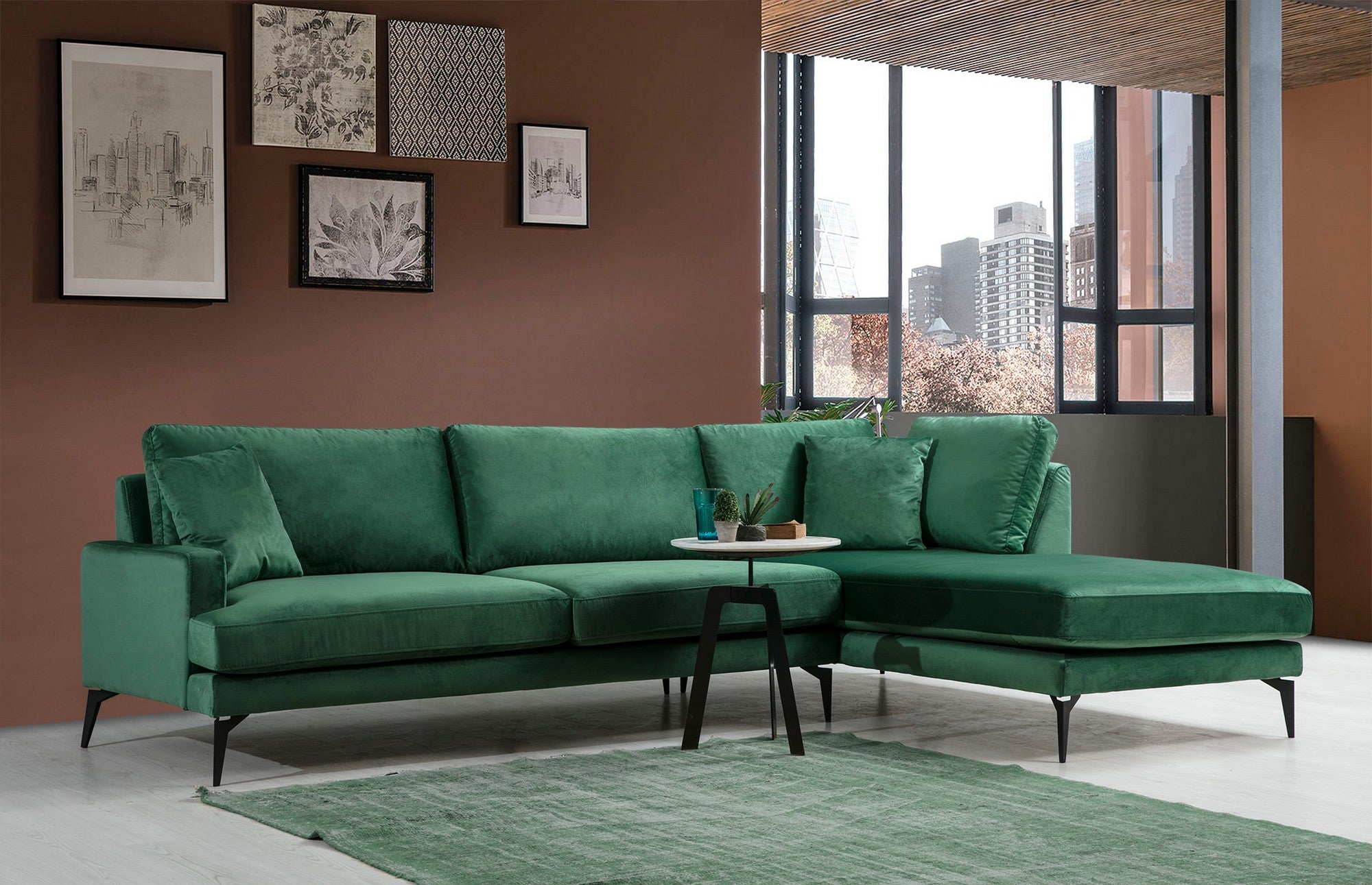 Sofá de canto elegante, verde, 283 x 180 cm | Estrutura em madeira de faia e aglomerado, 100% poliéster, almofadas de espuma macia | Design industrial moderno com pernas em preto fosco