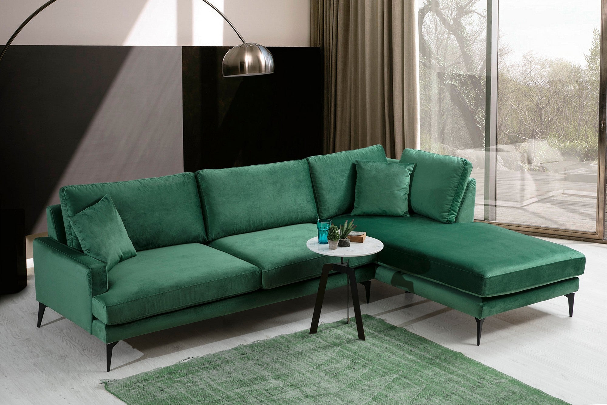 Sofá de canto elegante, verde, 283 x 180 cm | Estrutura em madeira de faia e aglomerado, 100% poliéster, almofadas de espuma macia | Design industrial moderno com pernas em preto fosco