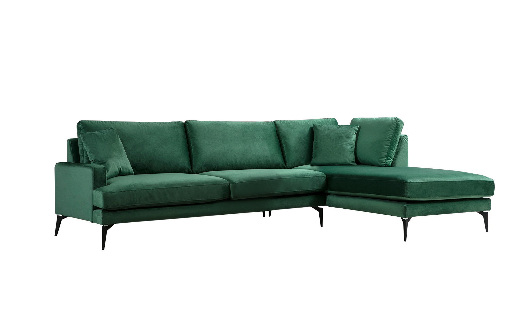 Sofá de canto elegante, verde, 283 x 180 cm | Estrutura em madeira de faia e aglomerado, 100% poliéster, almofadas de espuma macia | Design industrial moderno com pernas em preto fosco