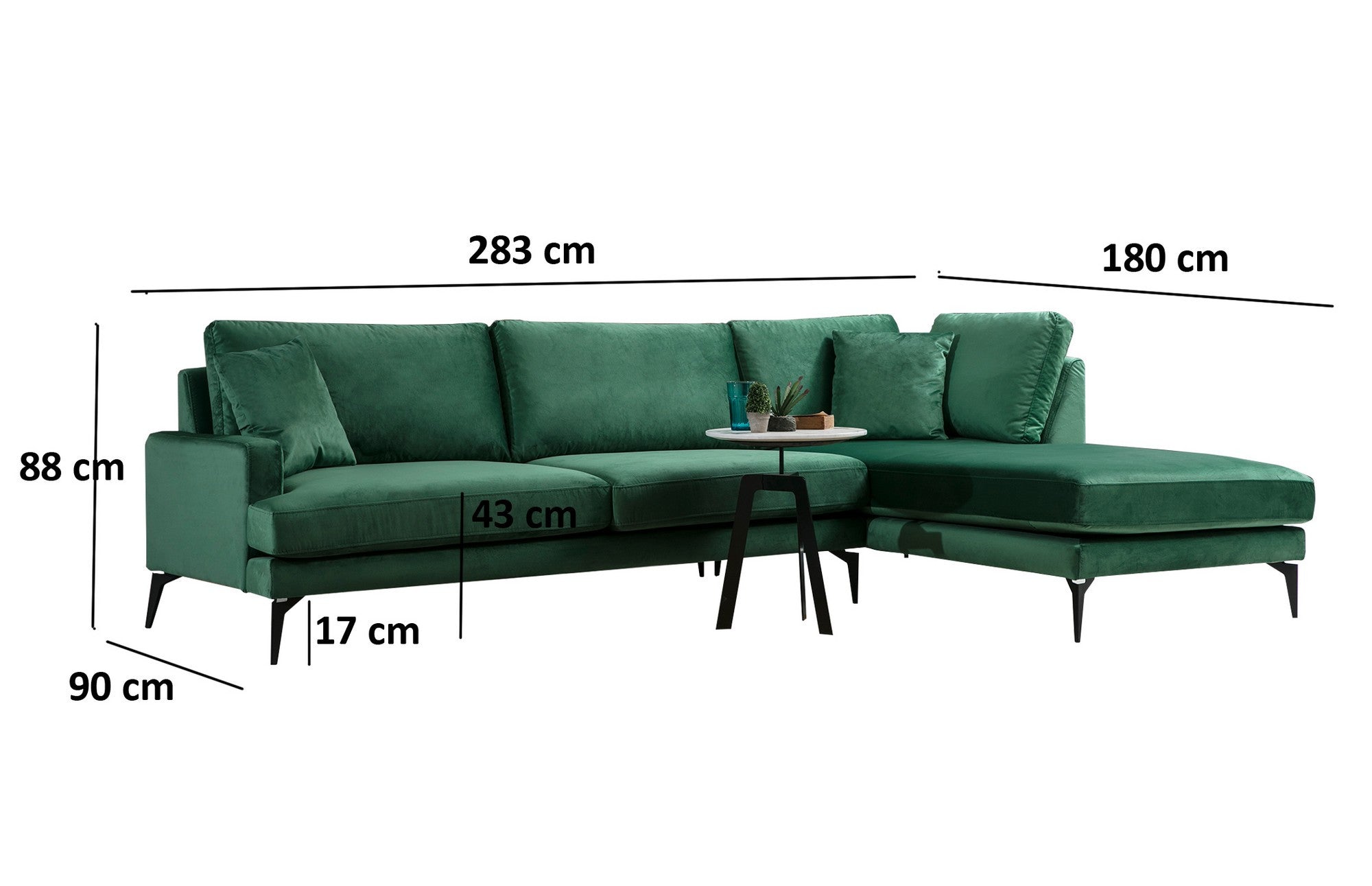 Sofá de canto elegante, verde, 283 x 180 cm | Estrutura em madeira de faia e aglomerado, 100% poliéster, almofadas de espuma macia | Design industrial moderno com pernas em preto fosco