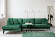 Sofá de canto elegante, verde, 283 x 180 cm | Estrutura em madeira de faia e aglomerado, 100% poliéster, almofadas de espuma macia | Design industrial moderno com pernas em preto fosco
