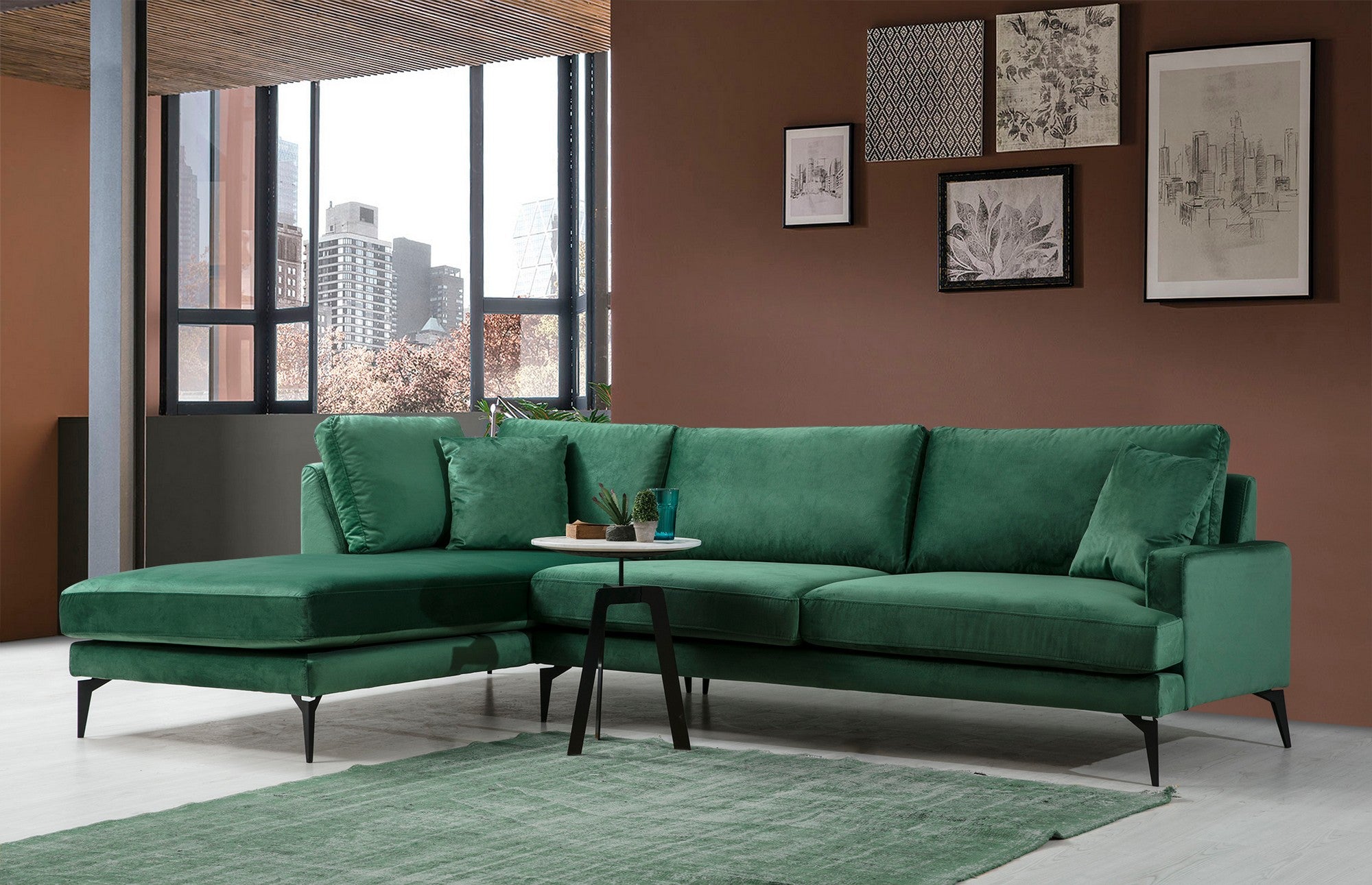 Sofá de canto elegante, verde, 283 x 180 cm | Estrutura em madeira de faia e aglomerado, 100% poliéster, almofadas de espuma macia | Design industrial moderno com pernas em preto fosco