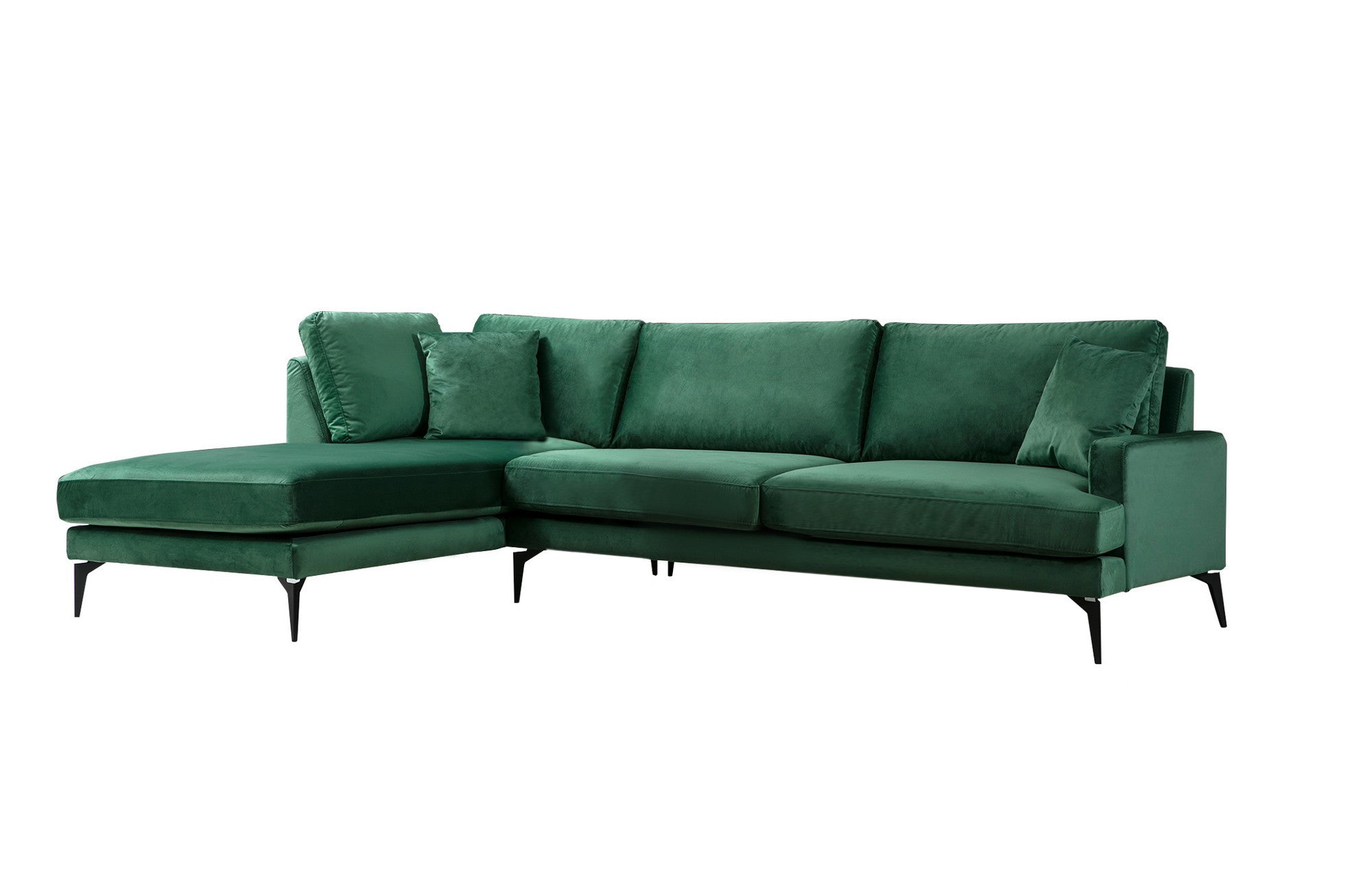 Sofá de canto elegante, verde, 283 x 180 cm | Estrutura em madeira de faia e aglomerado, 100% poliéster, almofadas de espuma macia | Design industrial moderno com pernas em preto fosco
