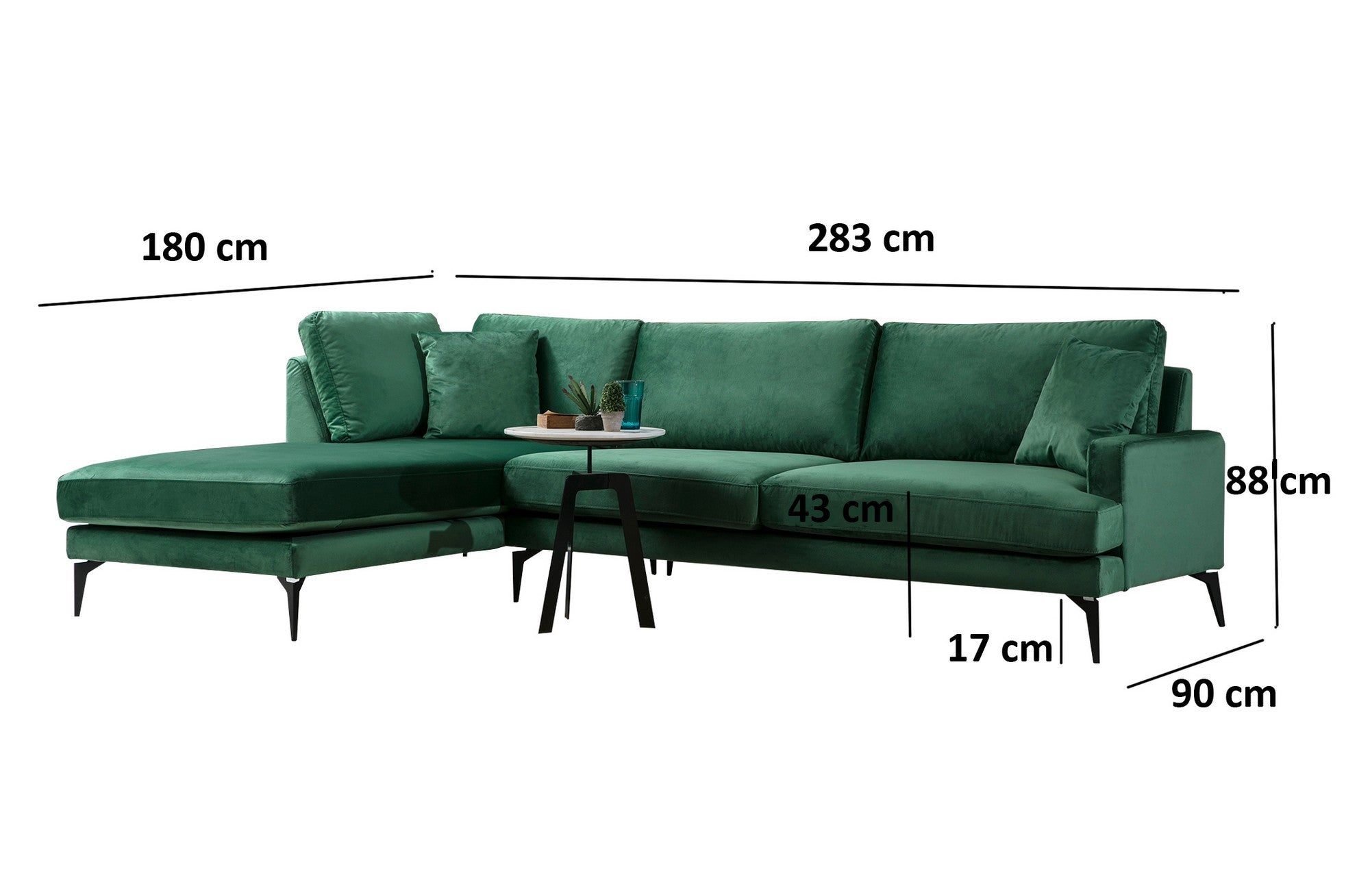 Sofá de canto elegante, verde, 283 x 180 cm | Estrutura em madeira de faia e aglomerado, 100% poliéster, almofadas de espuma macia | Design industrial moderno com pernas em preto fosco