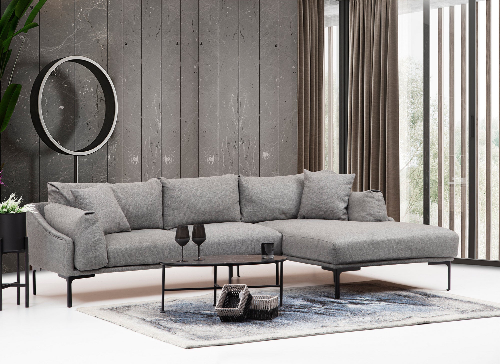 Sofá de canto elegante, cinza, 255 x 150 cm | Estrutura em madeira de faia e aglomerado, tecido 100% poliéster | Inclui 2 almofadas, pernas de metal | Design escandinavo moderno