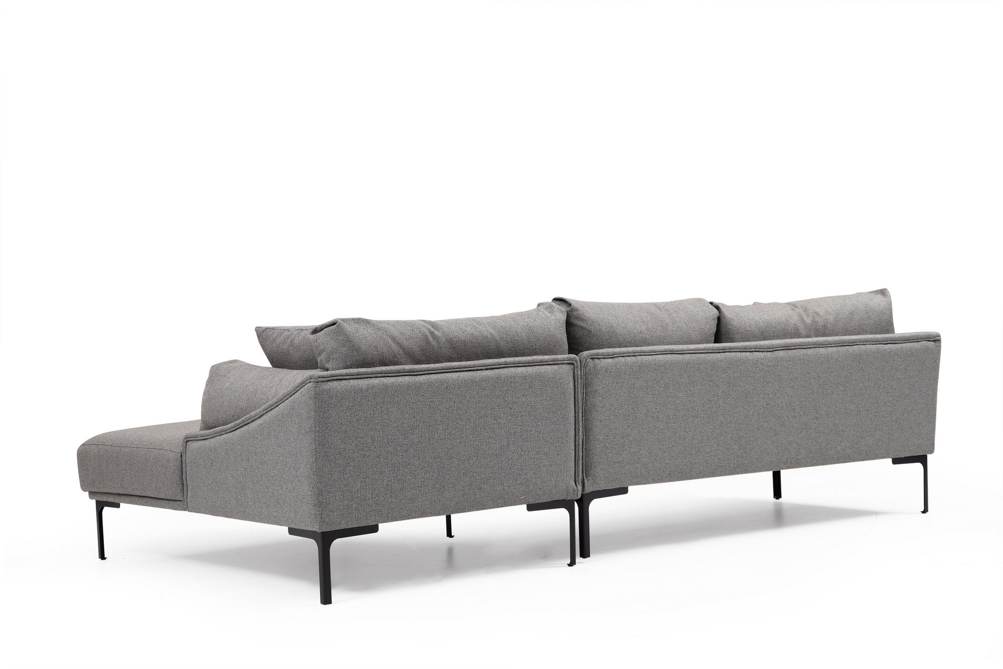 Sofá de canto elegante, cinza, 255 x 150 cm | Estrutura em madeira de faia e aglomerado, tecido 100% poliéster | Inclui 2 almofadas, pernas de metal | Design escandinavo moderno