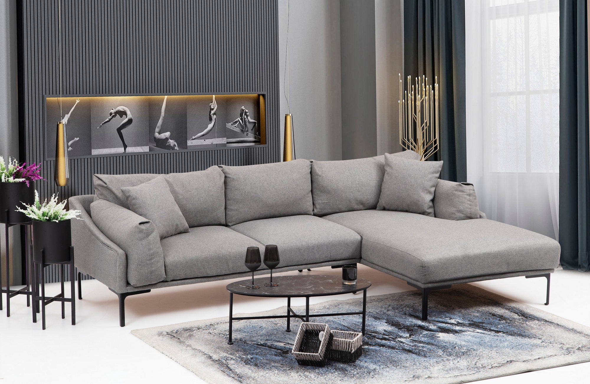 Sofá de canto elegante, cinza, 255 x 150 cm | Estrutura em madeira de faia e aglomerado, tecido 100% poliéster | Inclui 2 almofadas, pernas de metal | Design escandinavo moderno