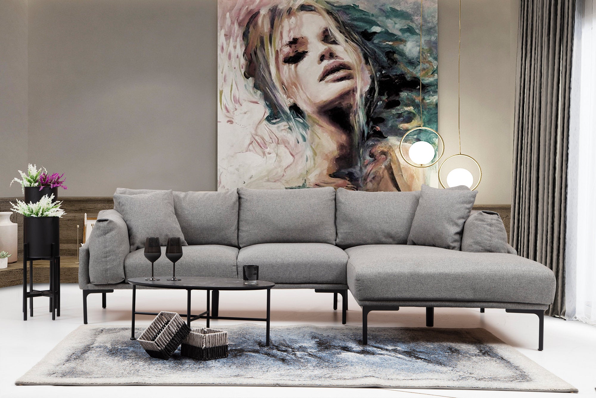 Sofá de canto elegante, cinza, 255 x 150 cm | Estrutura em madeira de faia e aglomerado, tecido 100% poliéster | Inclui 2 almofadas, pernas de metal | Design escandinavo moderno