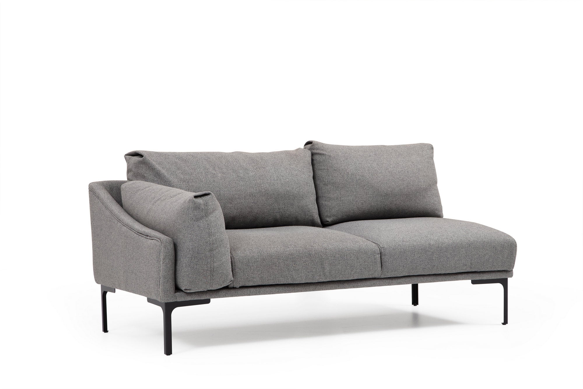 Sofá de canto elegante, cinza, 255 x 150 cm | Estrutura em madeira de faia e aglomerado, tecido 100% poliéster | Inclui 2 almofadas, pernas de metal | Design escandinavo moderno