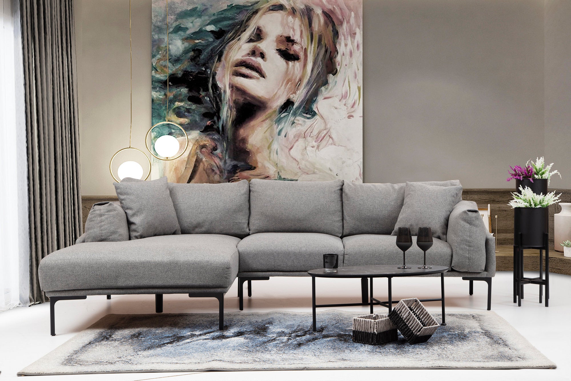 Sofá de canto elegante, cinza, 255 x 150 cm | Estrutura em madeira de faia e aglomerado, tecido 100% poliéster | Inclui 2 almofadas, pernas de metal | Design escandinavo moderno