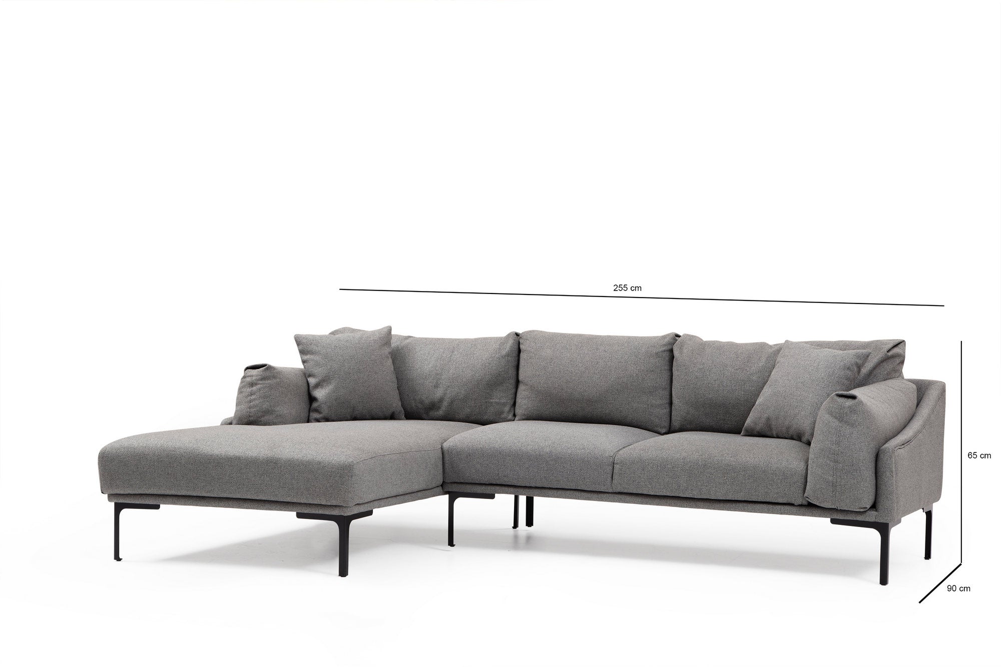 Sofá de canto elegante, cinza, 255 x 150 cm | Estrutura em madeira de faia e aglomerado, tecido 100% poliéster | Inclui 2 almofadas, pernas de metal | Design escandinavo moderno