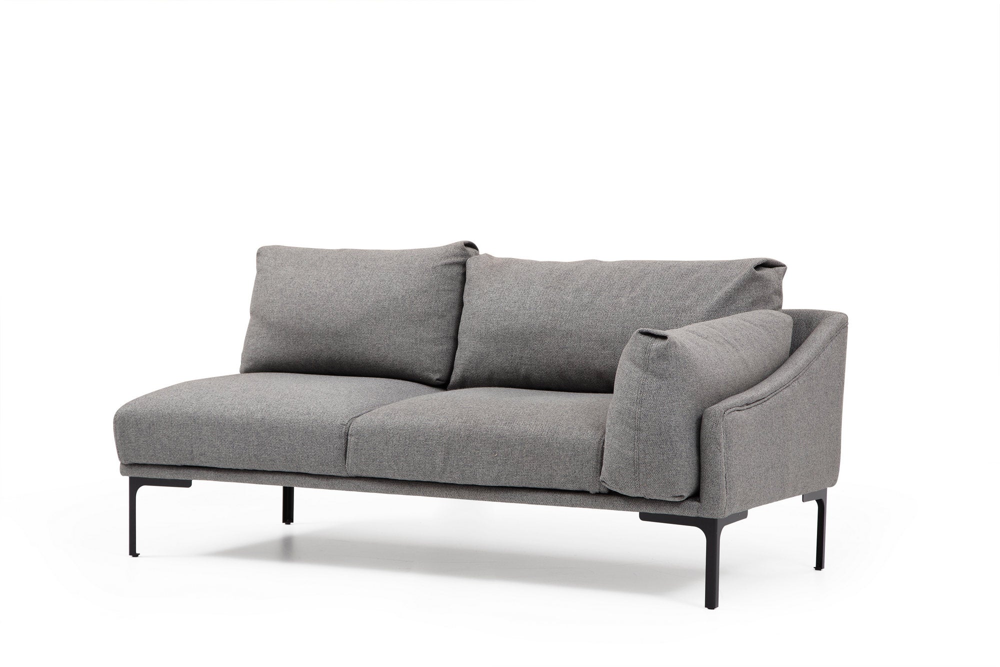 Sofá de canto elegante, cinza, 255 x 150 cm | Estrutura em madeira de faia e aglomerado, tecido 100% poliéster | Inclui 2 almofadas, pernas de metal | Design escandinavo moderno