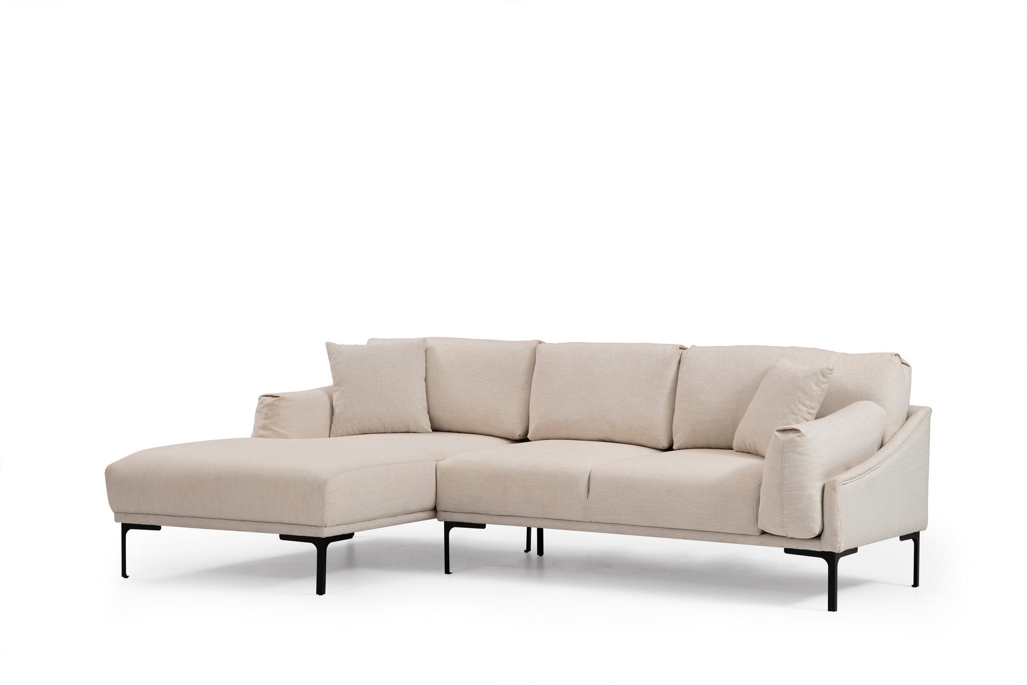Sofá de canto elegante, cor creme, 255 x 150 cm | Estrutura em madeira de faia e aglomerado, tecido 100% poliéster | Inclui 2 almofadas, design industrial moderno