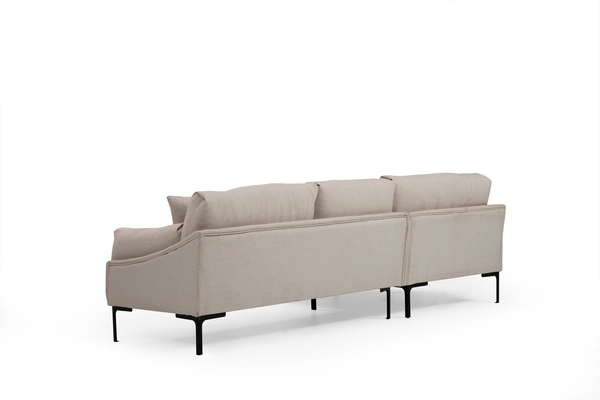 Sofá de canto elegante, cor creme, 255 x 150 cm | Estrutura em madeira de faia e aglomerado, tecido 100% poliéster | Inclui 2 almofadas, design industrial moderno