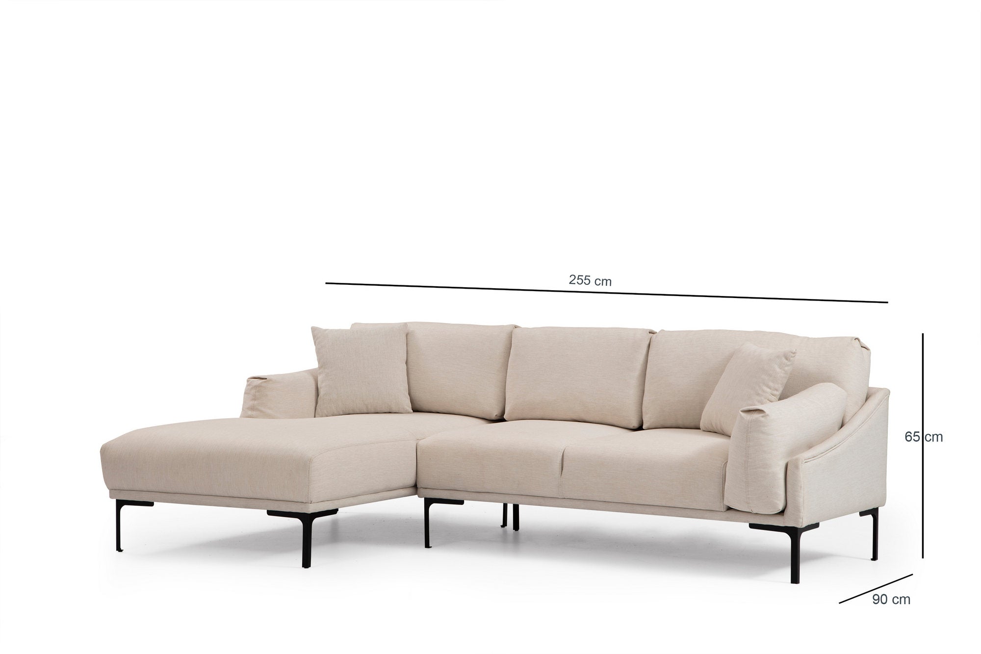 Sofá de canto elegante, cor creme, 255 x 150 cm | Estrutura em madeira de faia e aglomerado, tecido 100% poliéster | Inclui 2 almofadas, design industrial moderno