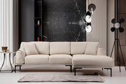 Sofá de canto elegante, cor creme, 255 x 150 cm | Estrutura em madeira de faia e aglomerado, tecido 100% poliéster | Inclui 2 almofadas, design industrial moderno