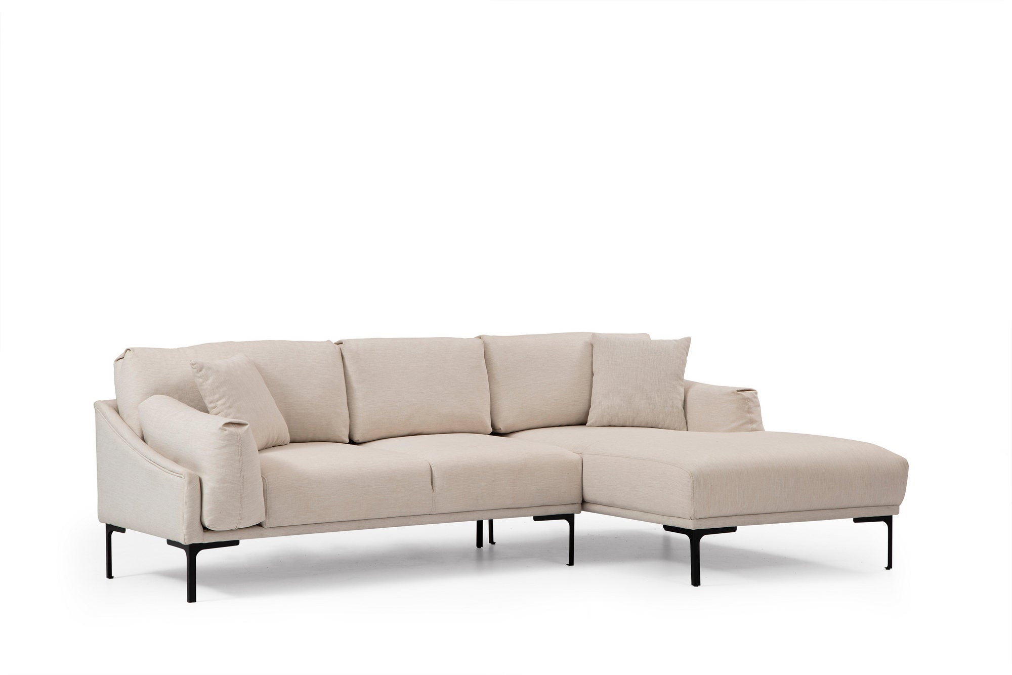 Sofá de canto elegante, cor creme, 255 x 150 cm | Estrutura em madeira de faia e aglomerado, tecido 100% poliéster | Inclui 2 almofadas, design industrial moderno